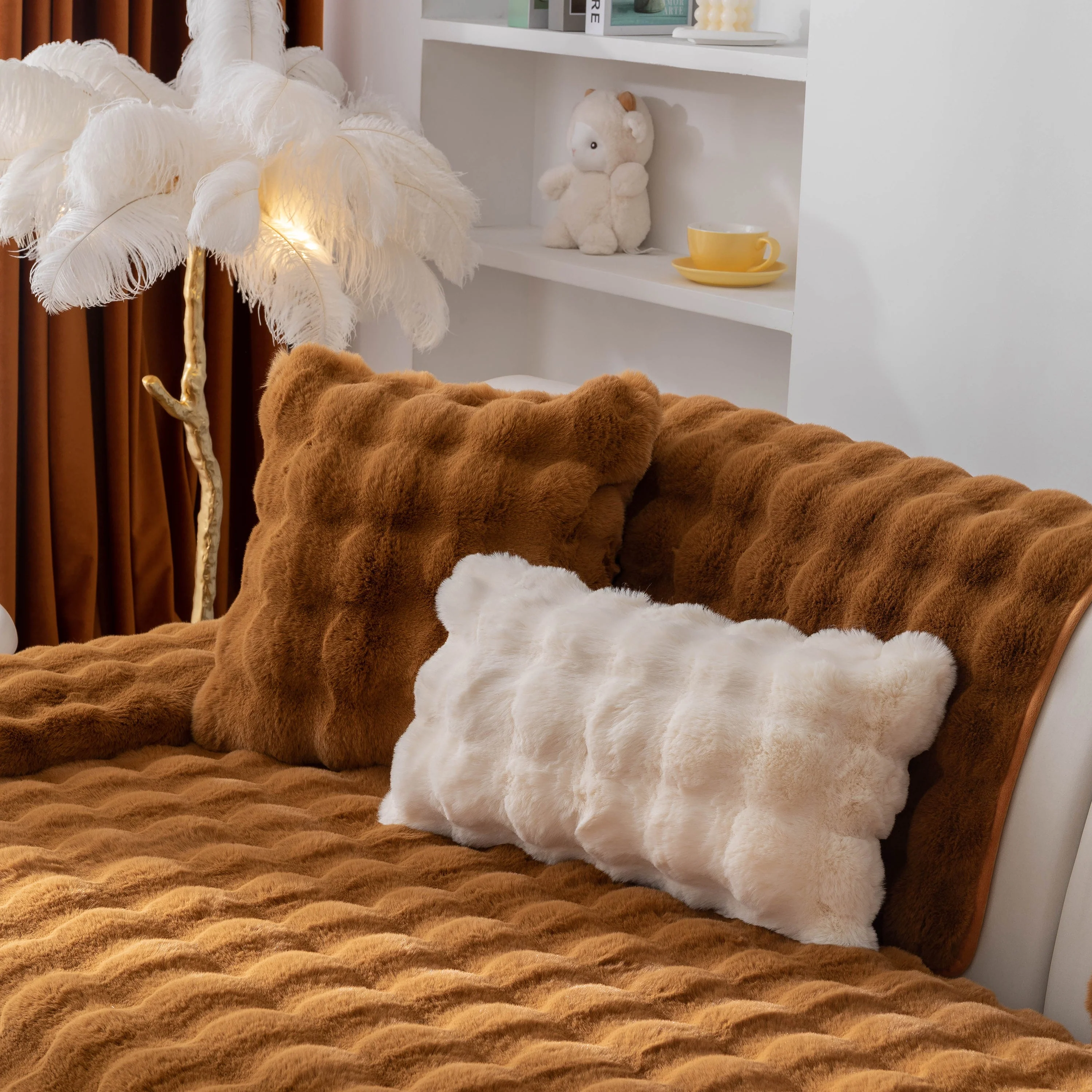 Thick Sofa Cushion Solid Color Faux Fur Fluffy Sofa Cushion Non-Slip Couch Covers - Image 60