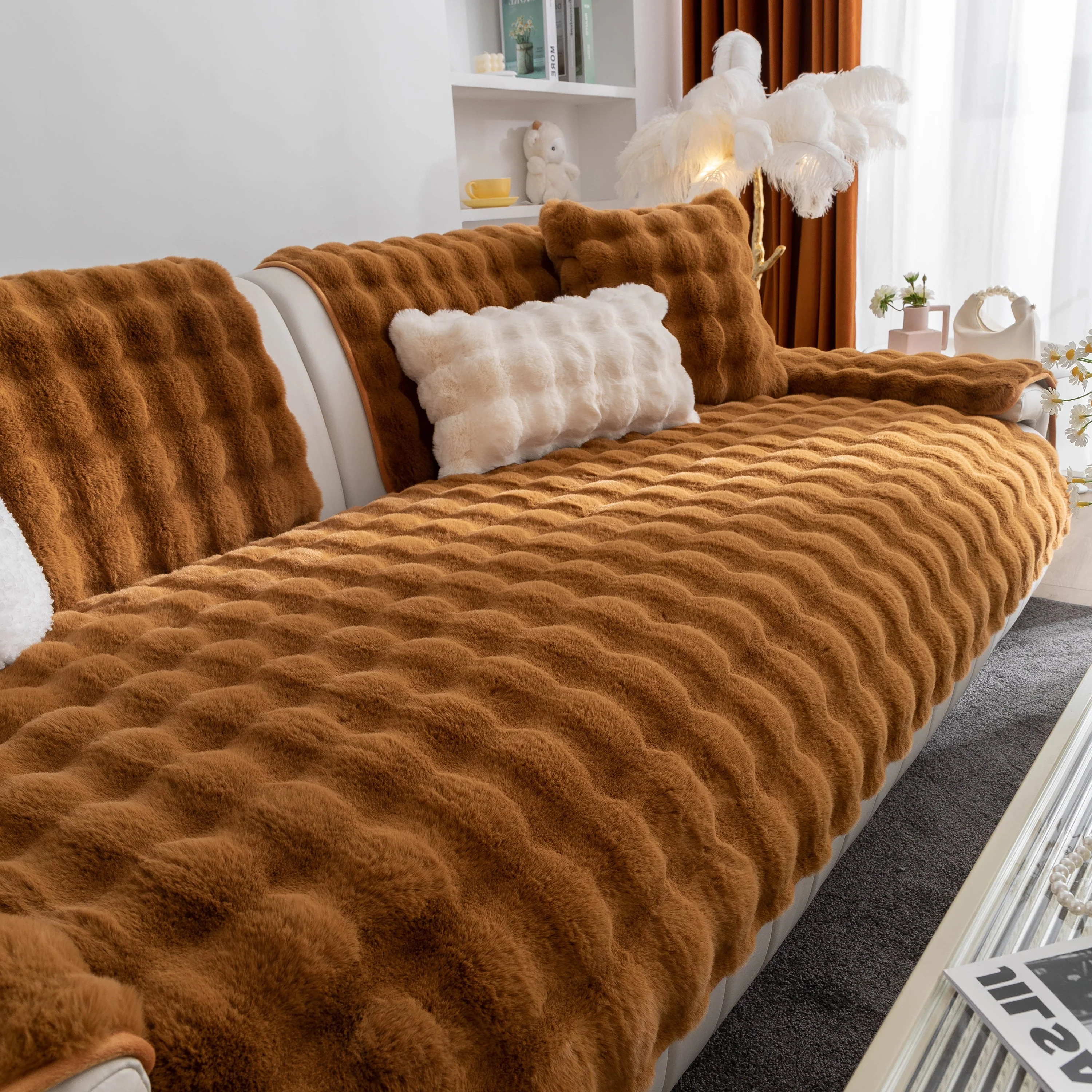 Thick Sofa Cushion Solid Color Faux Fur Fluffy Sofa Cushion Non-Slip Couch Covers - Image 62