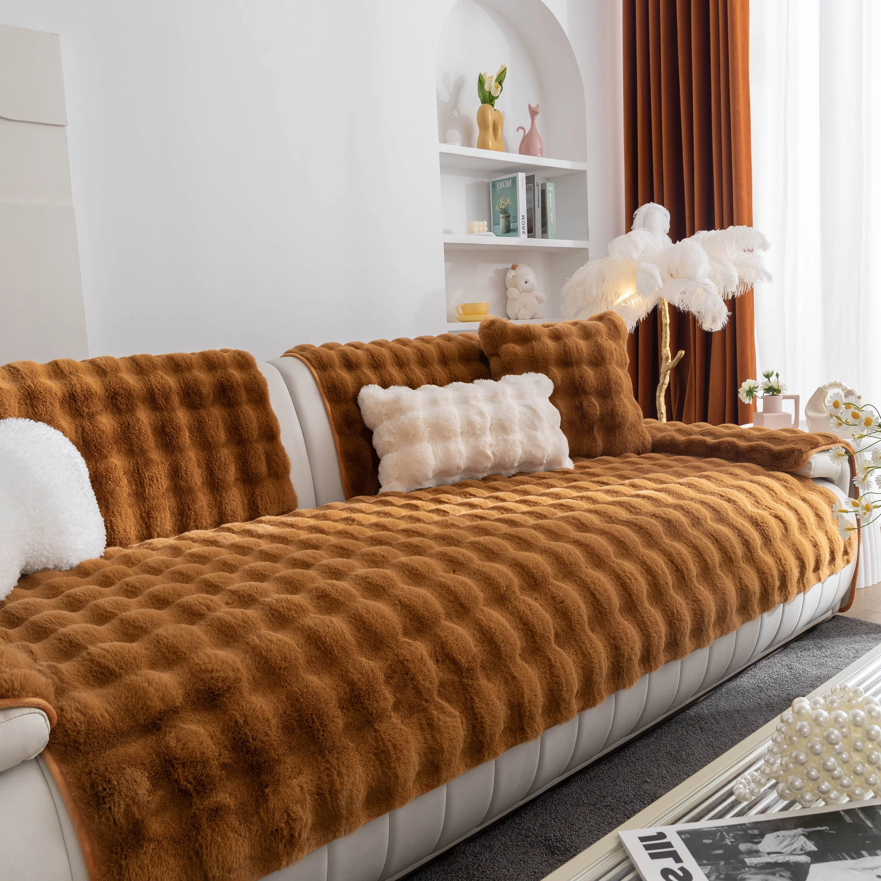Thick Sofa Cushion Solid Color Faux Fur Fluffy Sofa Cushion Non-Slip Couch Covers - Image 63