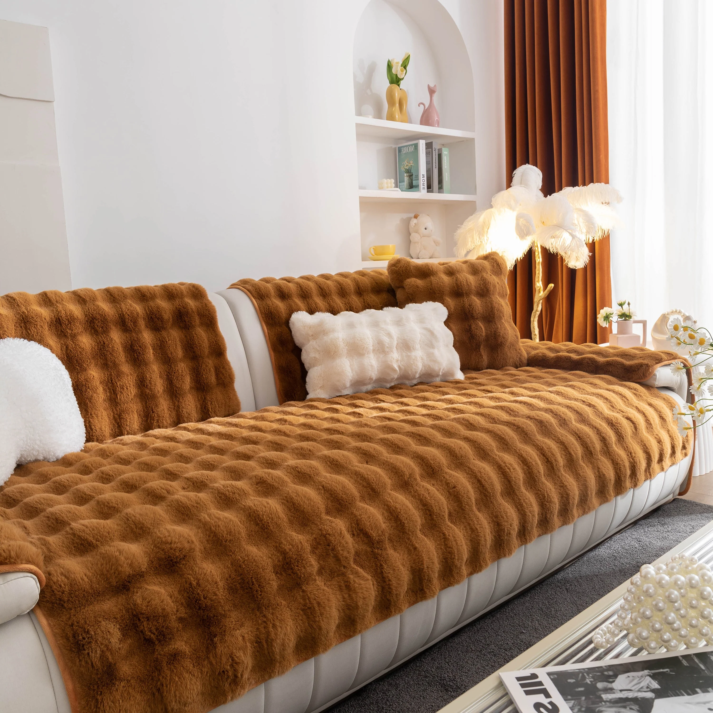 Thick Sofa Cushion Solid Color Faux Fur Fluffy Sofa Cushion Non-Slip Couch Covers - Image 64