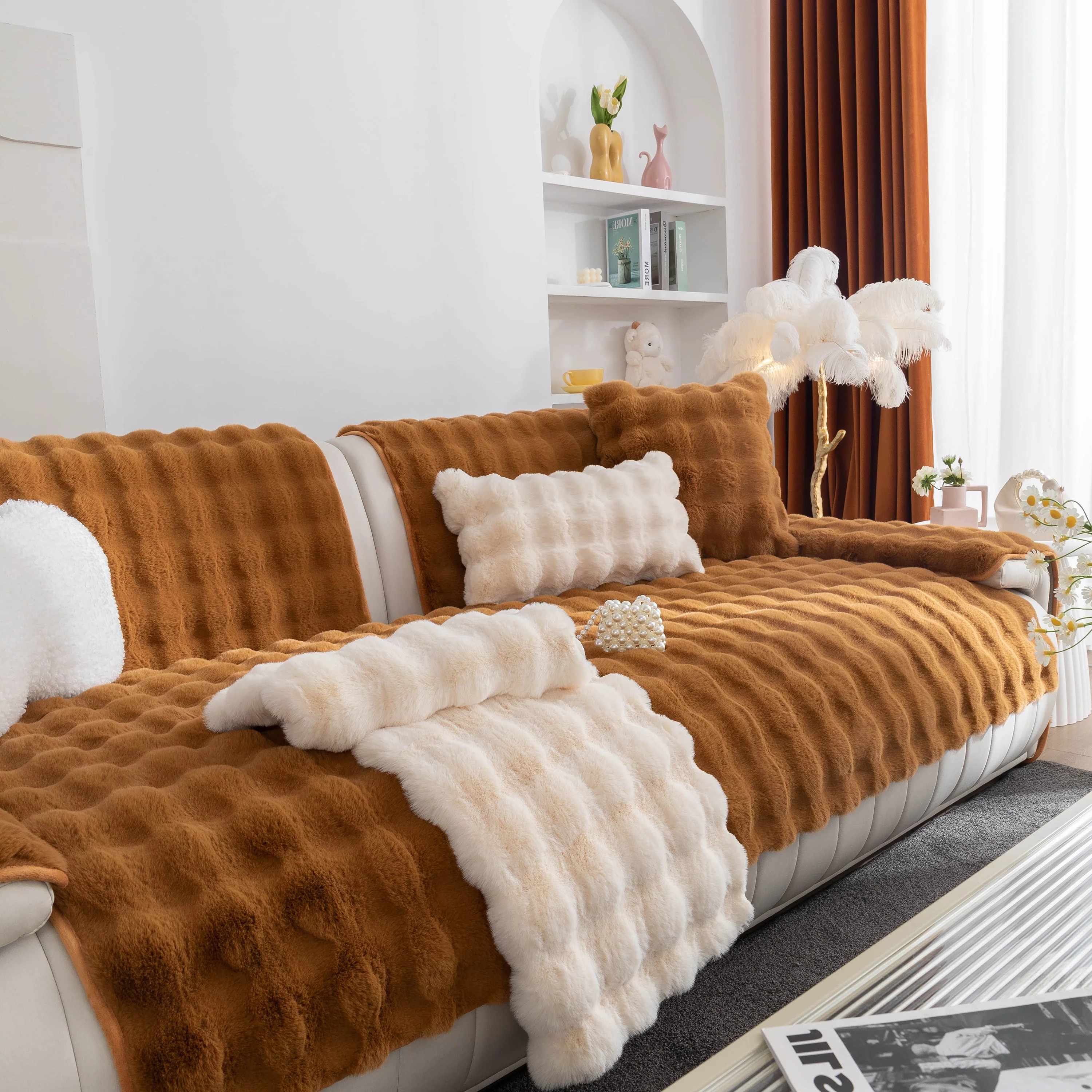 Thick Sofa Cushion Solid Color Faux Fur Fluffy Sofa Cushion Non-Slip Couch Covers - Image 65