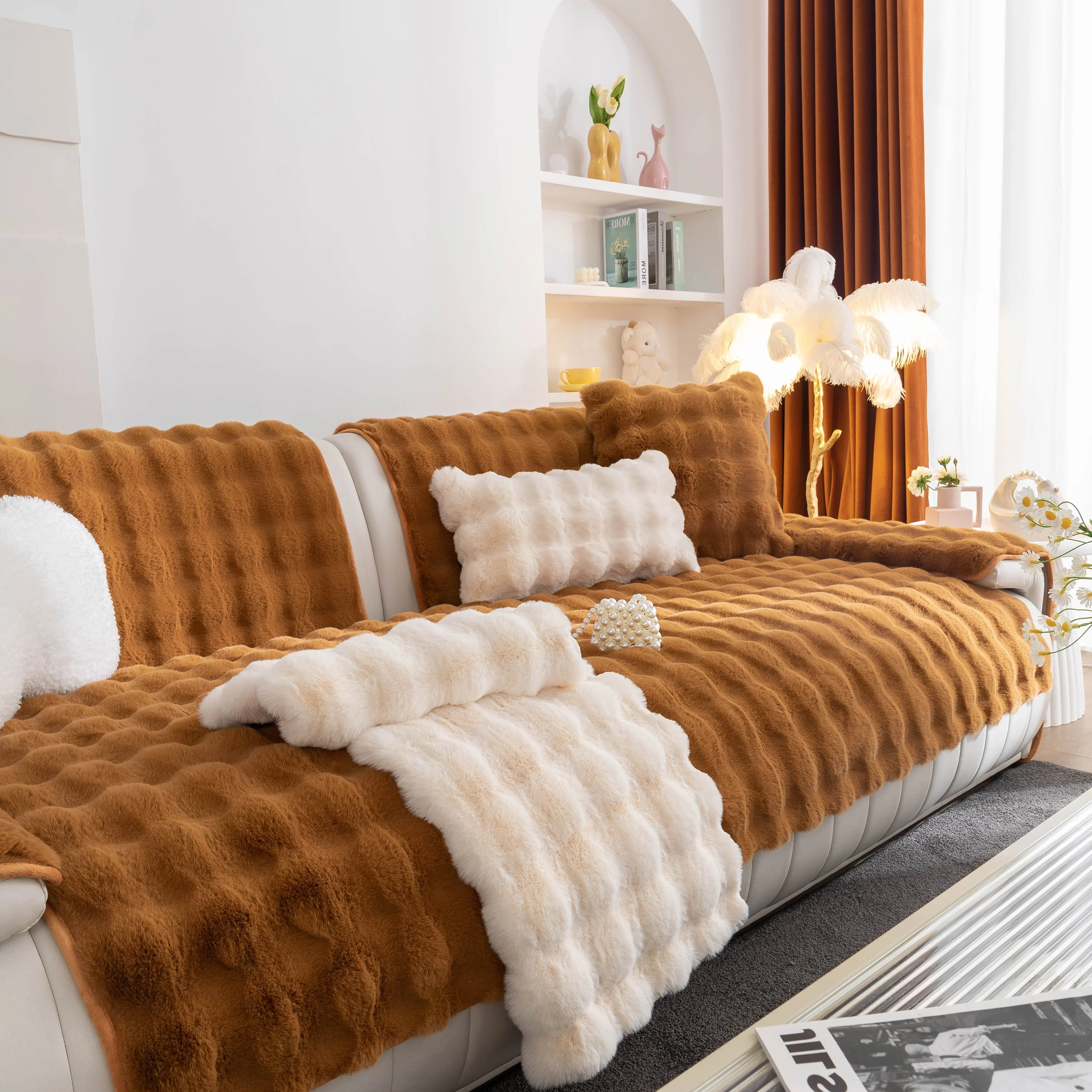 Thick Sofa Cushion Solid Color Faux Fur Fluffy Sofa Cushion Non-Slip Couch Covers - Image 66