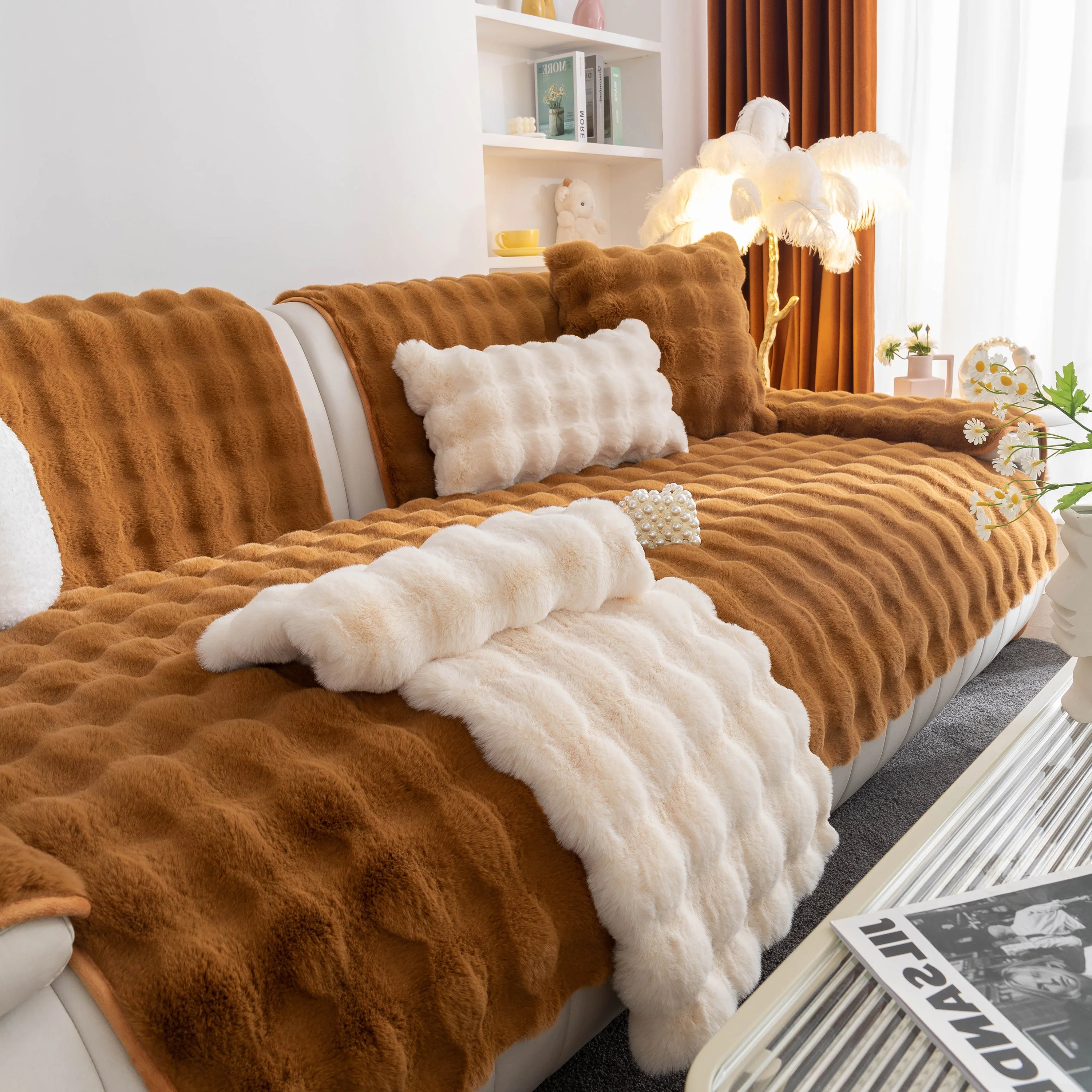 Thick Sofa Cushion Solid Color Faux Fur Fluffy Sofa Cushion Non-Slip Couch Covers - Image 67