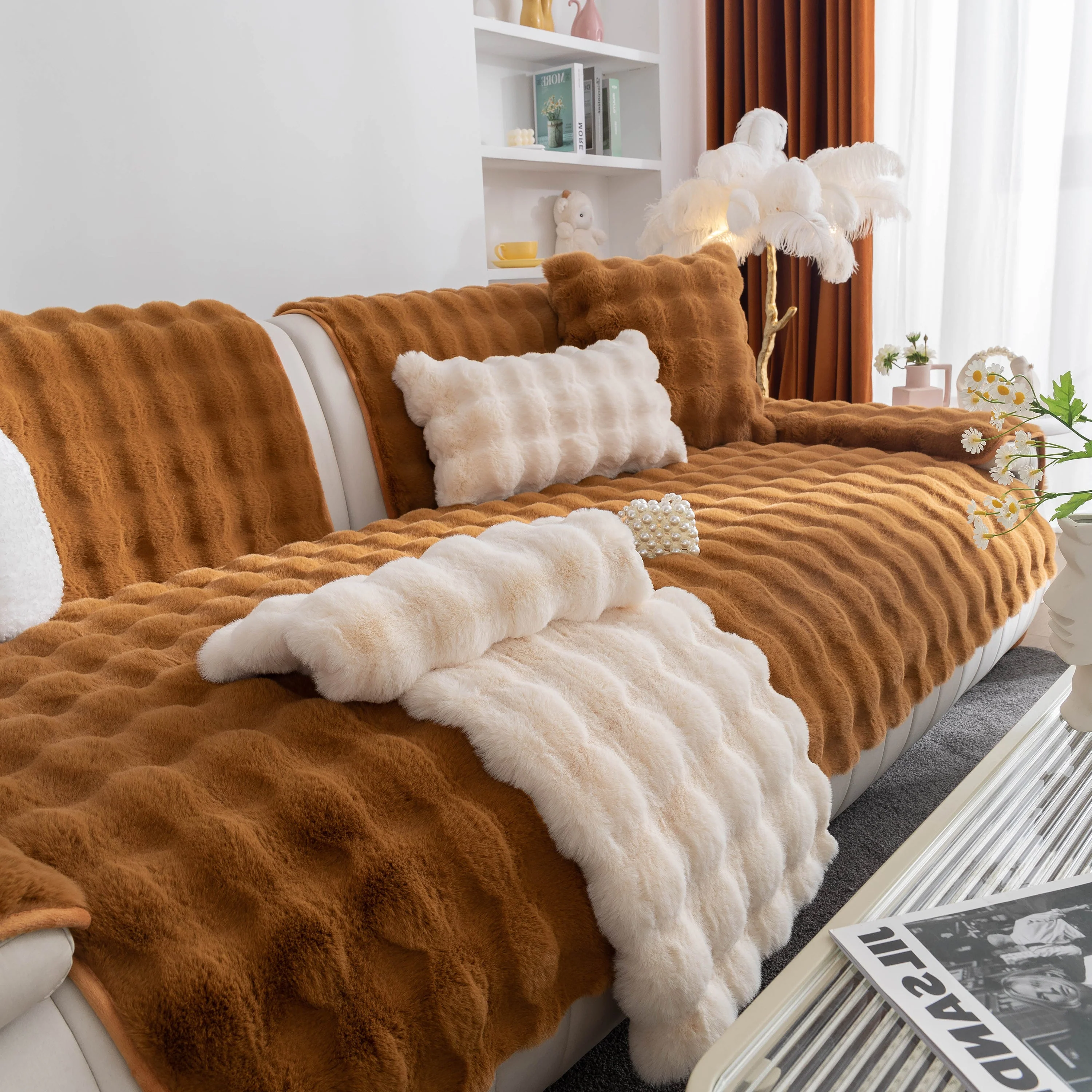 Thick Sofa Cushion Solid Color Faux Fur Fluffy Sofa Cushion Non-Slip Couch Covers - Image 68