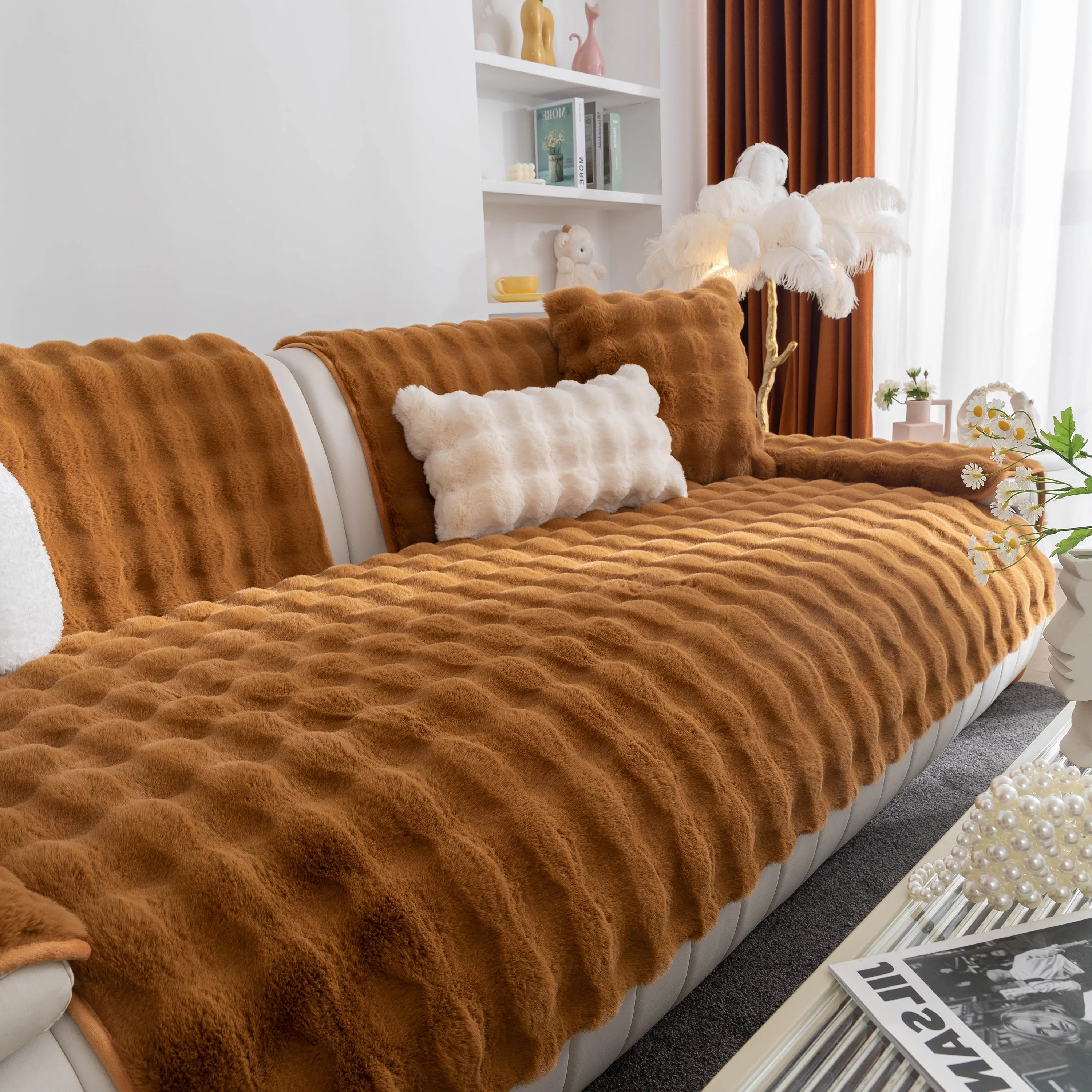 Thick Sofa Cushion Solid Color Faux Fur Fluffy Sofa Cushion Non-Slip Couch Covers - Image 69