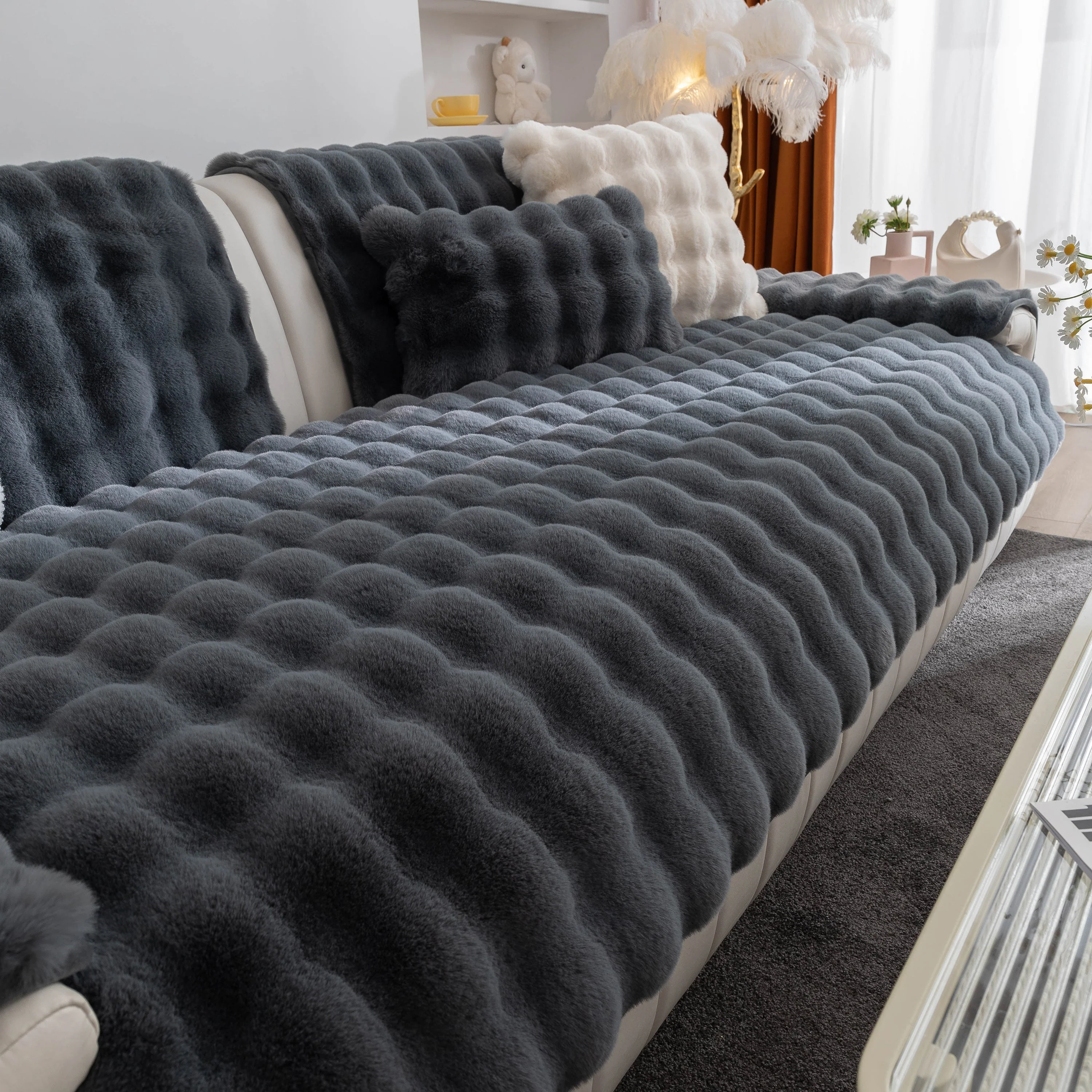 Thick Sofa Cushion Solid Color Faux Fur Fluffy Sofa Cushion Non-Slip Couch Covers - Image 7