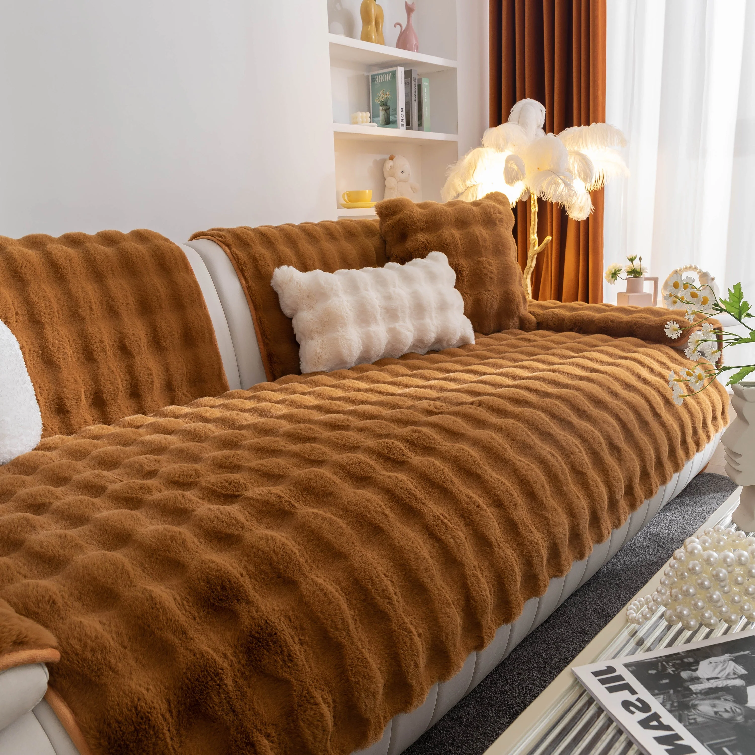 Thick Sofa Cushion Solid Color Faux Fur Fluffy Sofa Cushion Non-Slip Couch Covers - Image 70