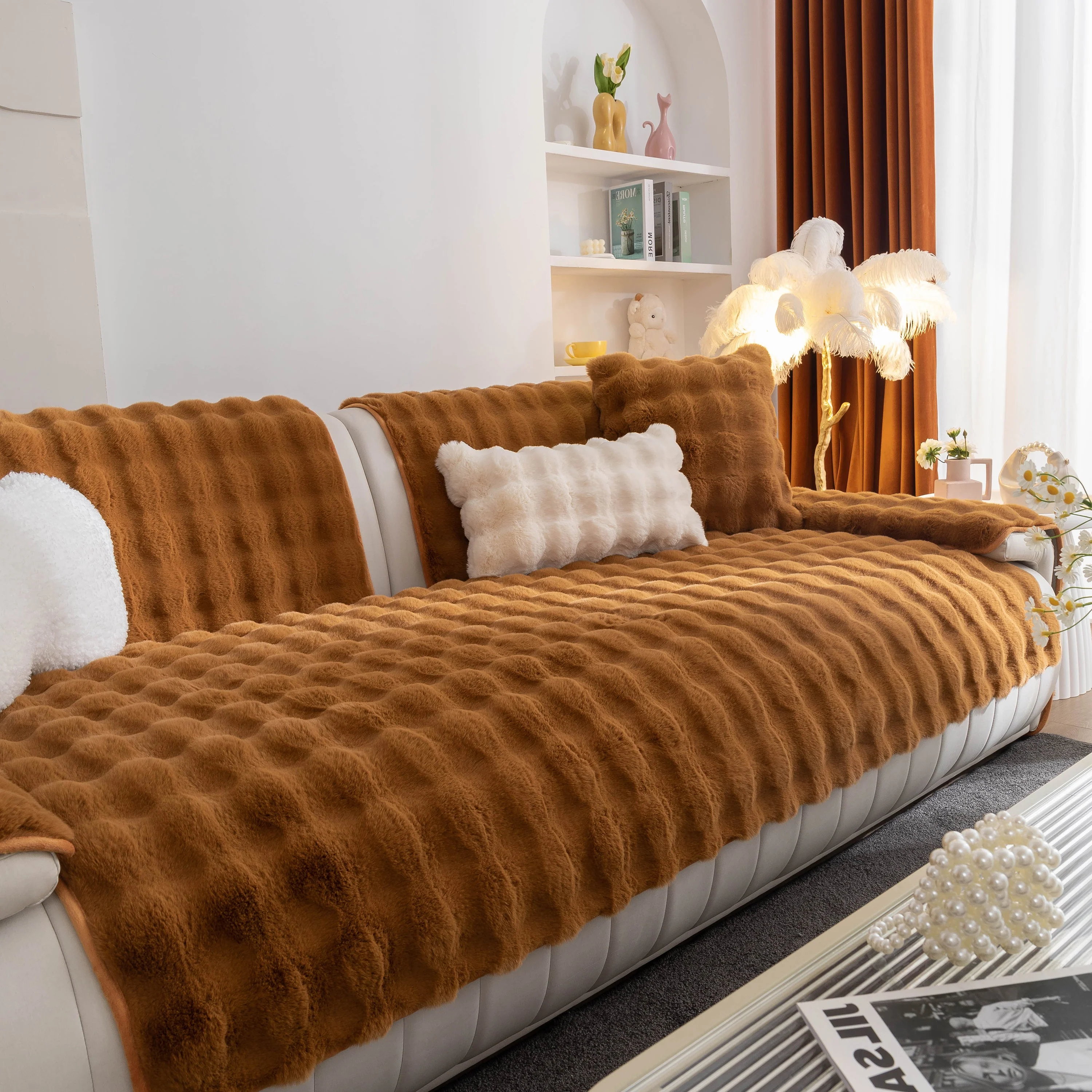 Thick Sofa Cushion Solid Color Faux Fur Fluffy Sofa Cushion Non-Slip Couch Covers - Image 71