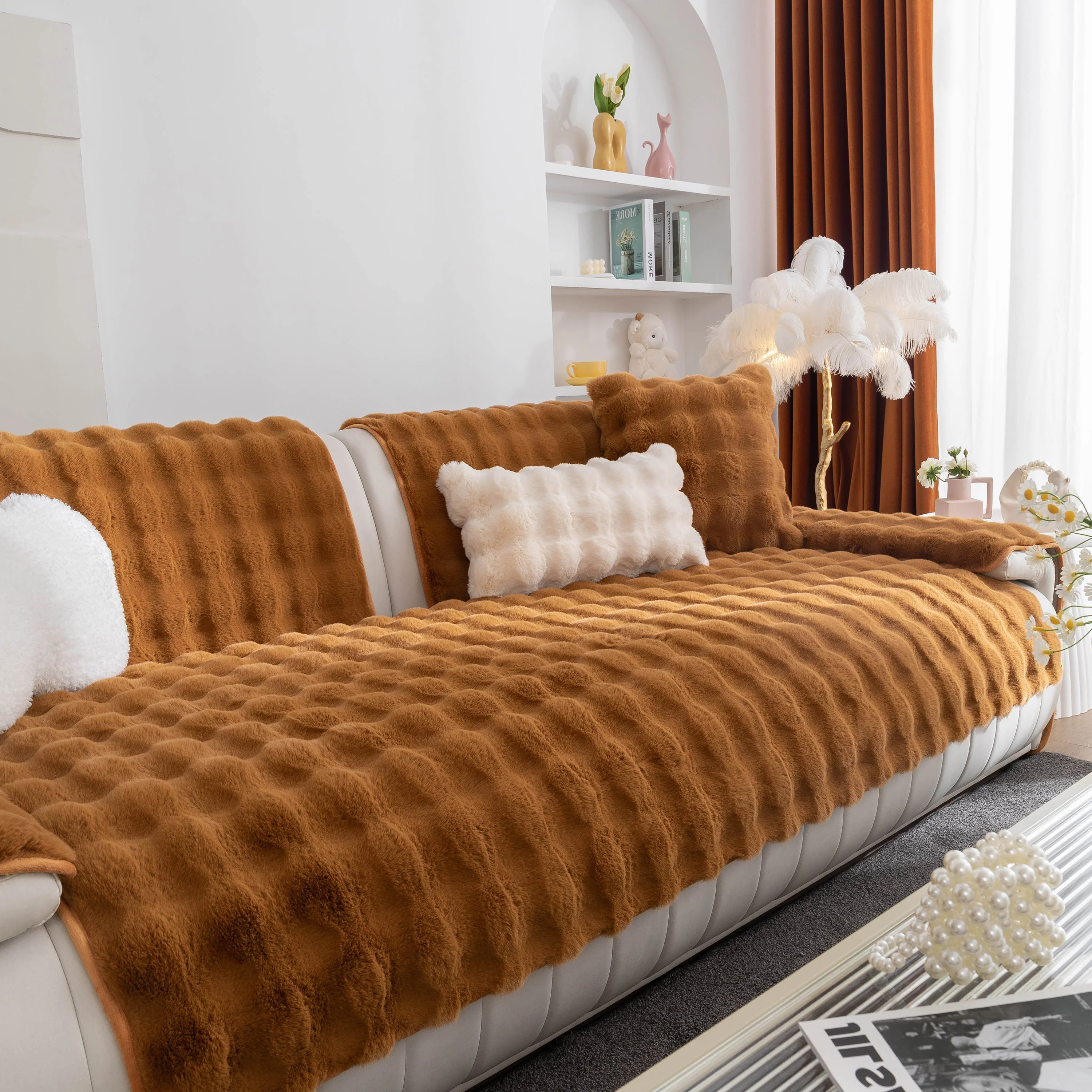 Thick Sofa Cushion Solid Color Faux Fur Fluffy Sofa Cushion Non-Slip Couch Covers - Image 72