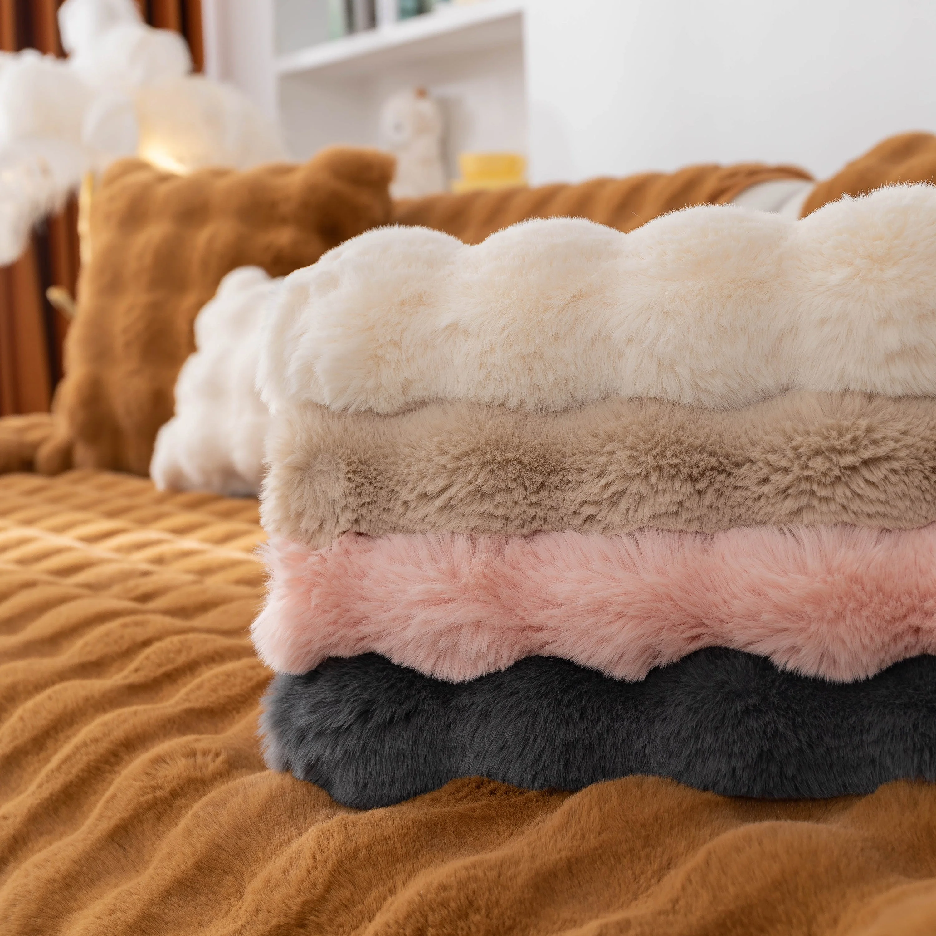 Thick Sofa Cushion Solid Color Faux Fur Fluffy Sofa Cushion Non-Slip Couch Covers - Image 73