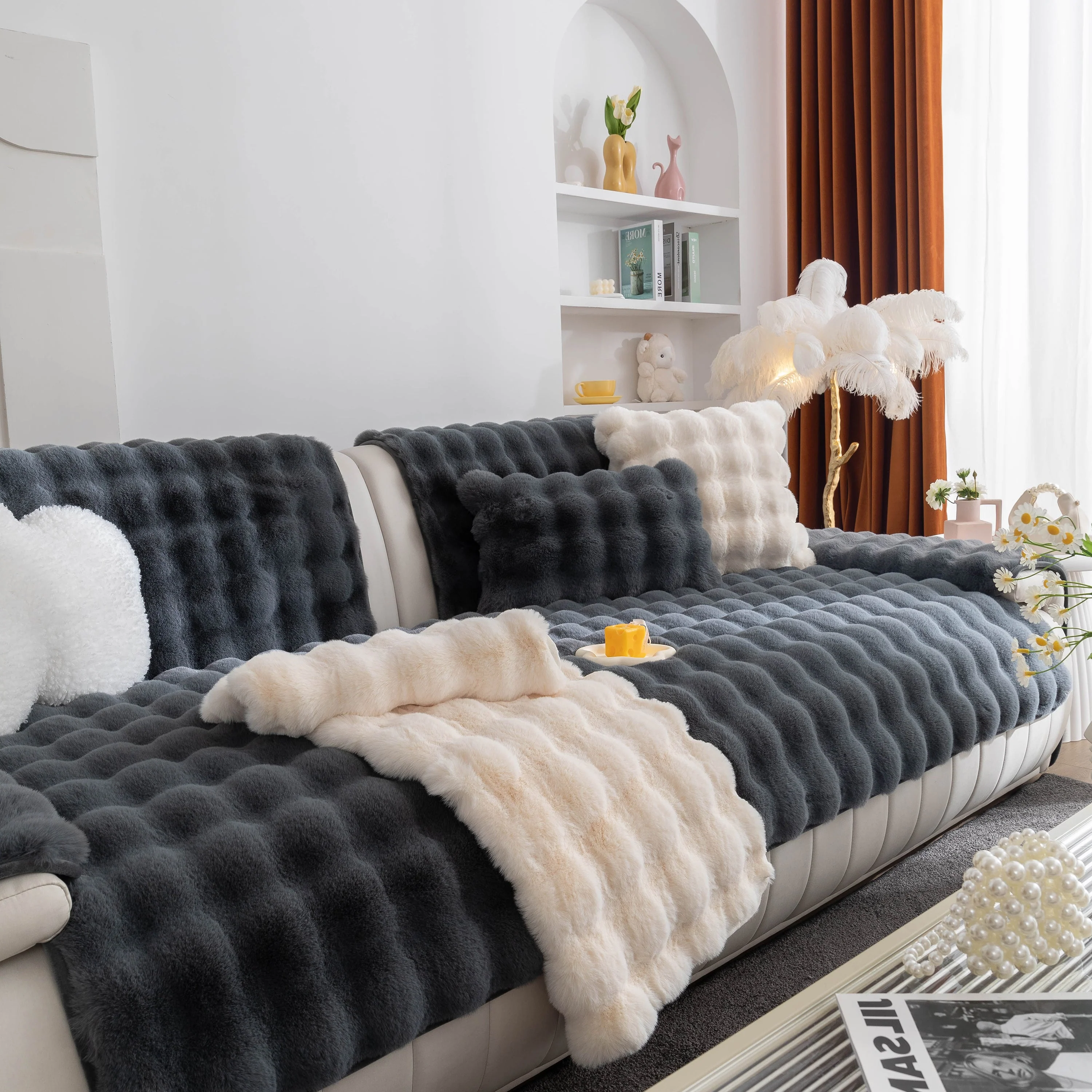 Thick Sofa Cushion Solid Color Faux Fur Fluffy Sofa Cushion Non-Slip Couch Covers - Image 8