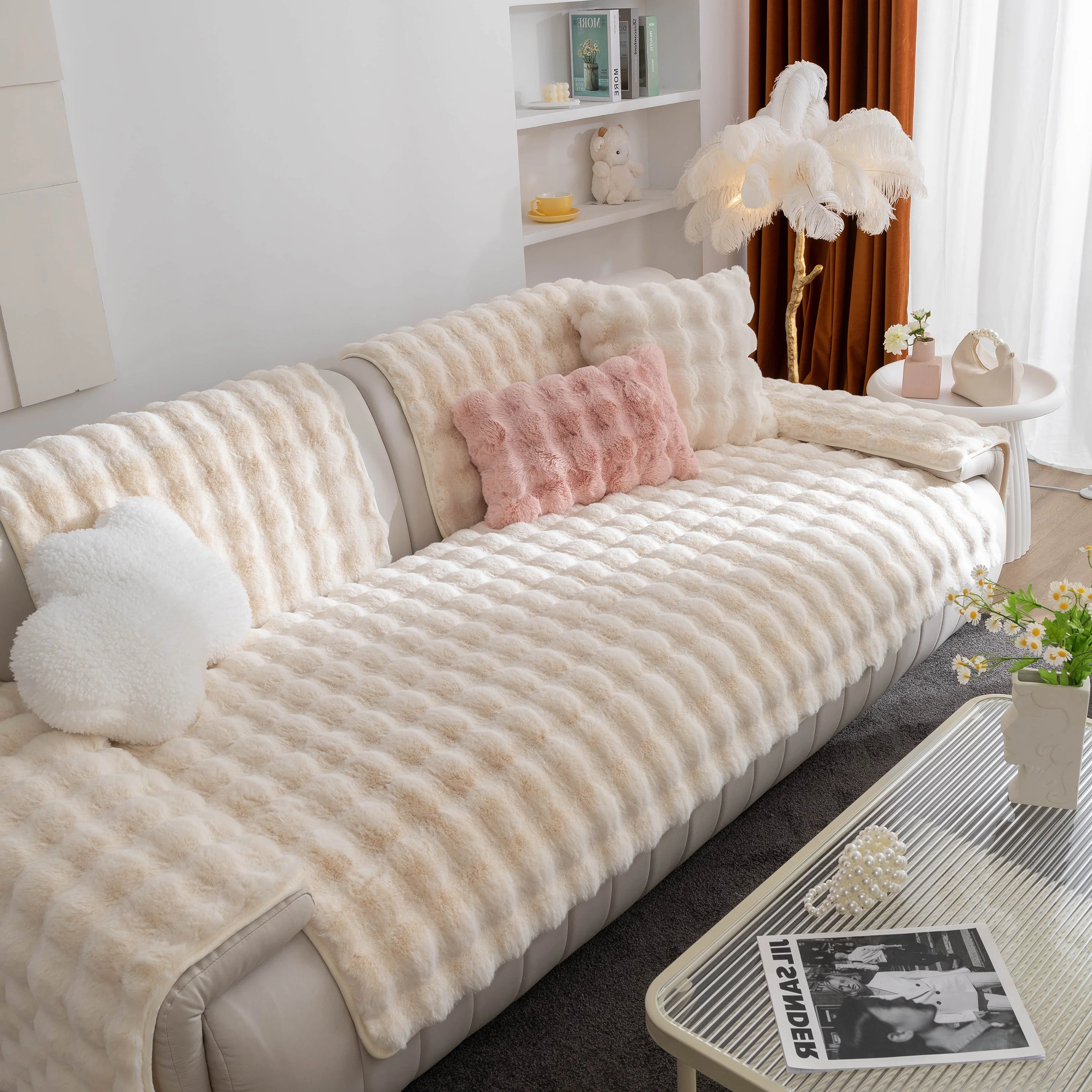 Thick Sofa Cushion Solid Color Faux Fur Fluffy Sofa Cushion Non-Slip Couch Covers - Image 86