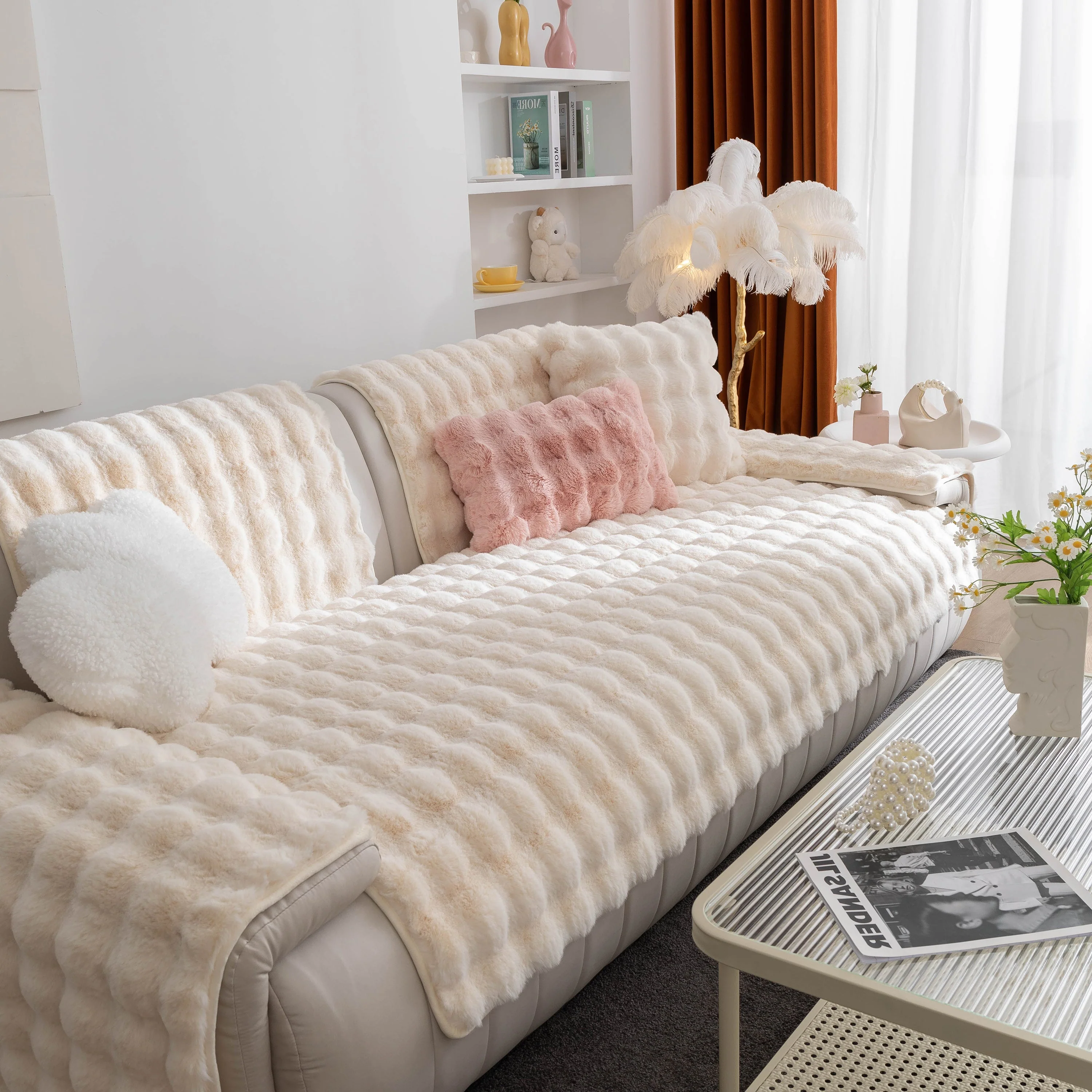 Thick Sofa Cushion Solid Color Faux Fur Fluffy Sofa Cushion Non-Slip Couch Covers - Image 87