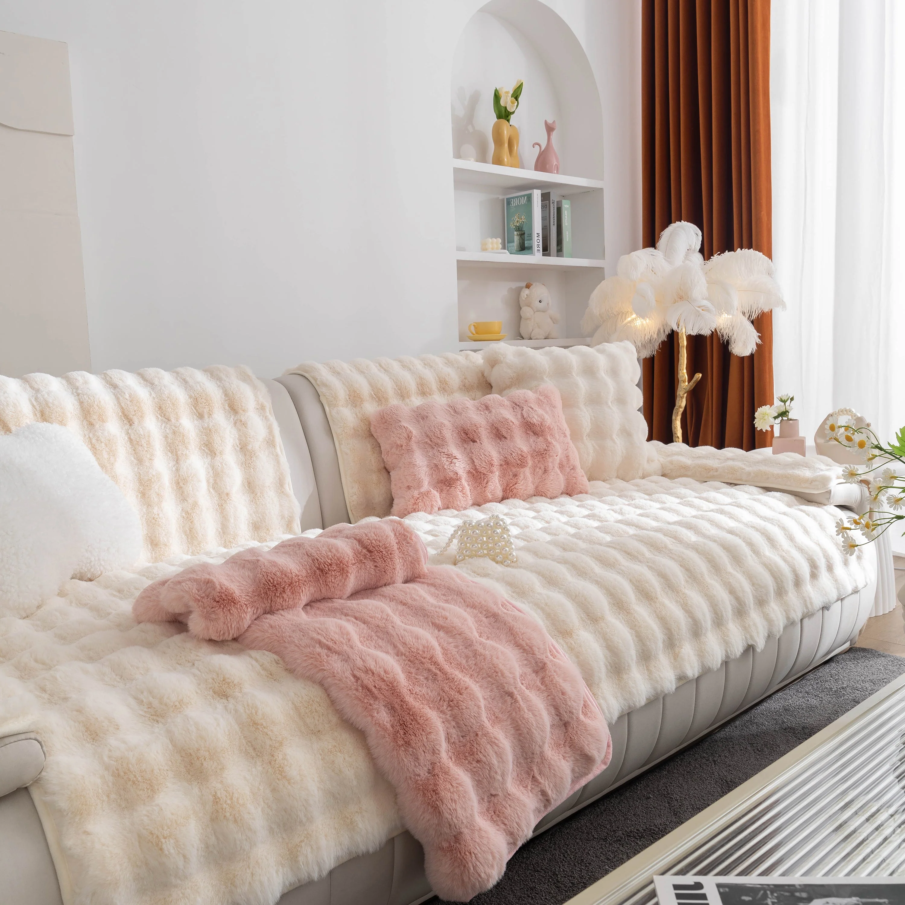 Thick Sofa Cushion Solid Color Faux Fur Fluffy Sofa Cushion Non-Slip Couch Covers - Image 88