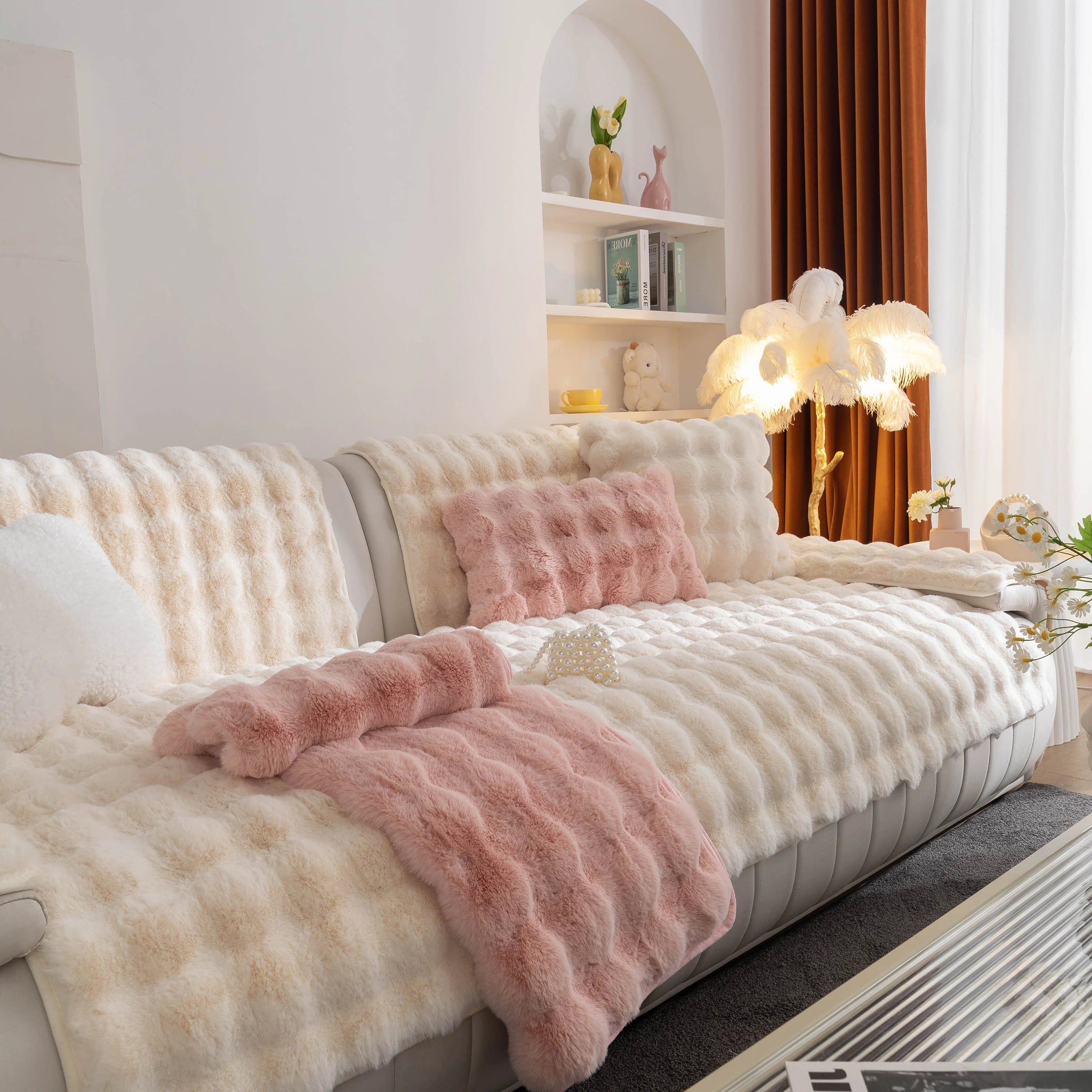 Thick Sofa Cushion Solid Color Faux Fur Fluffy Sofa Cushion Non-Slip Couch Covers - Image 89