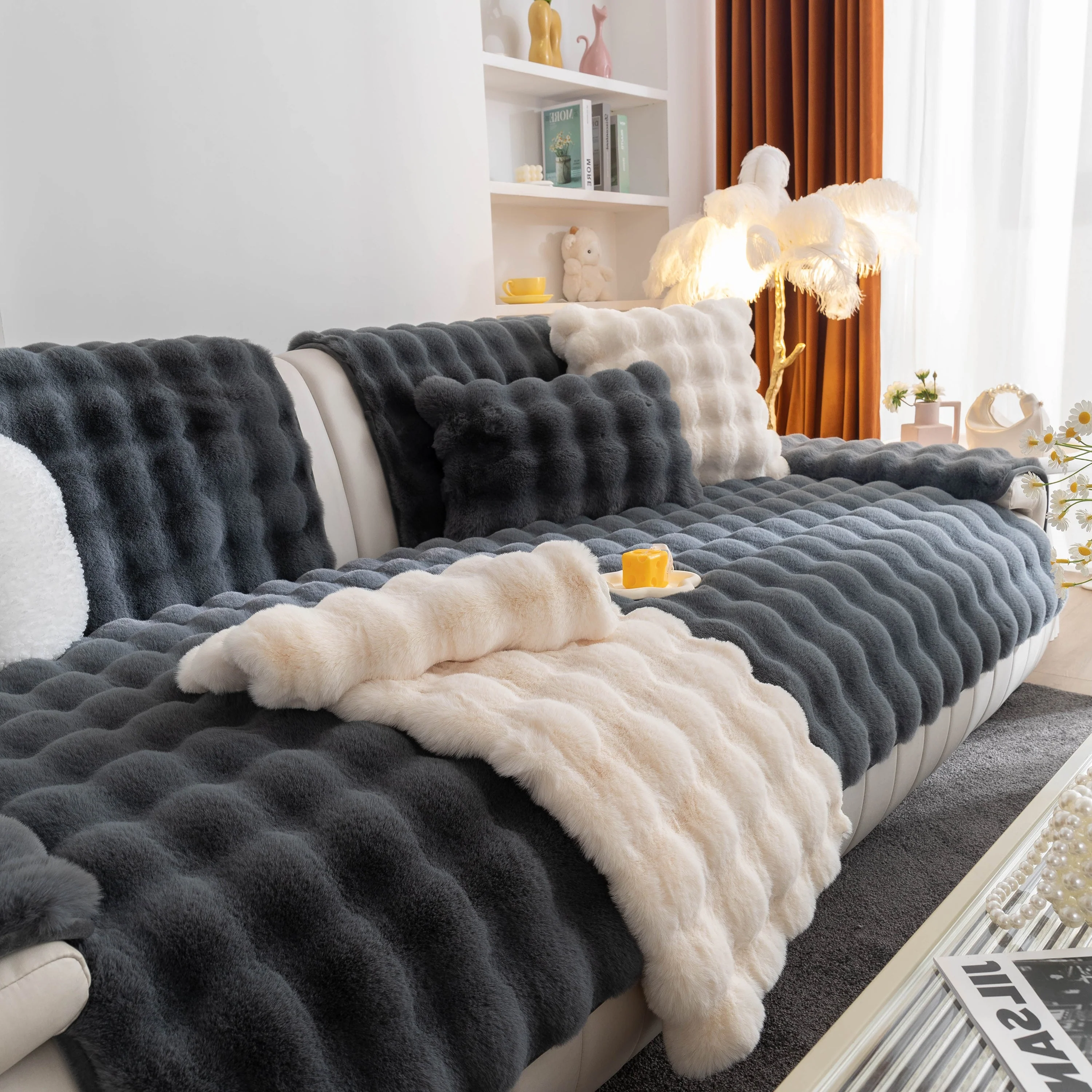 Thick Sofa Cushion Solid Color Faux Fur Fluffy Sofa Cushion Non-Slip Couch Covers - Image 9