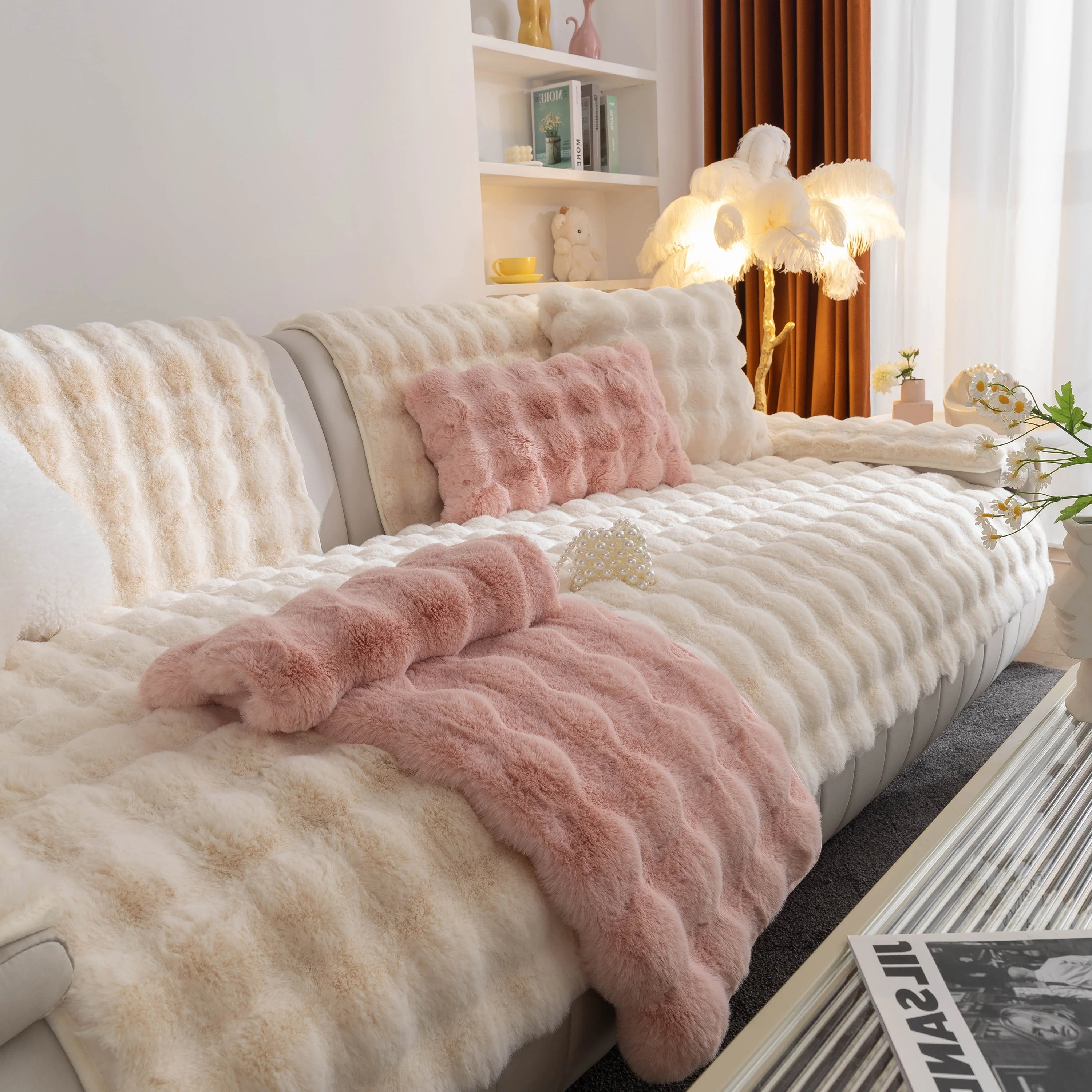 Thick Sofa Cushion Solid Color Faux Fur Fluffy Sofa Cushion Non-Slip Couch Covers - Image 90