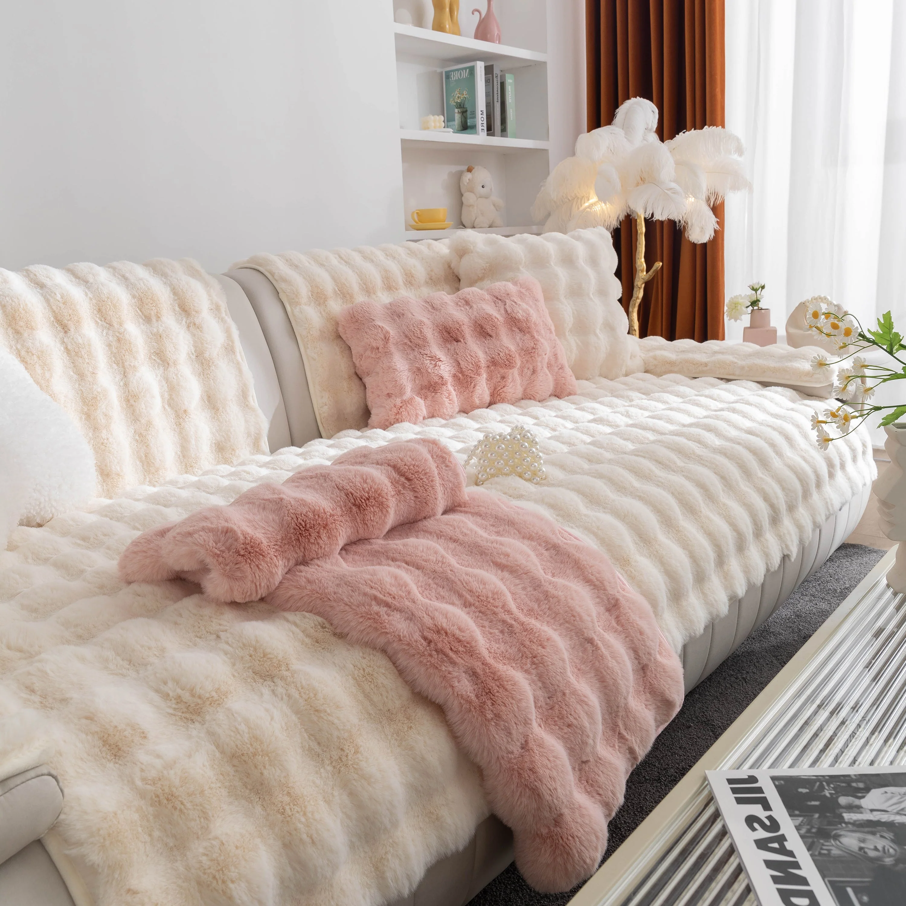 Thick Sofa Cushion Solid Color Faux Fur Fluffy Sofa Cushion Non-Slip Couch Covers - Image 91