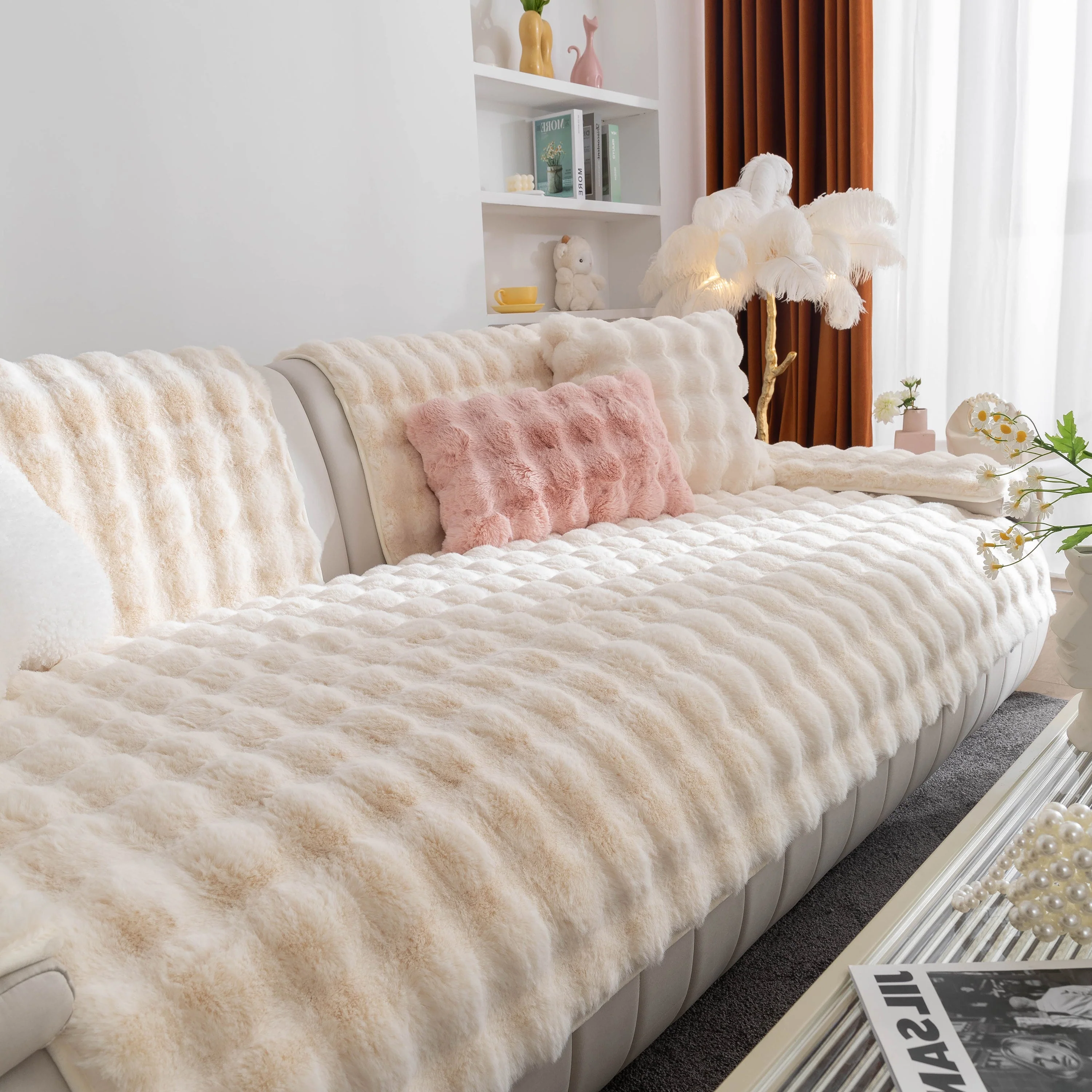 Thick Sofa Cushion Solid Color Faux Fur Fluffy Sofa Cushion Non-Slip Couch Covers - Image 92