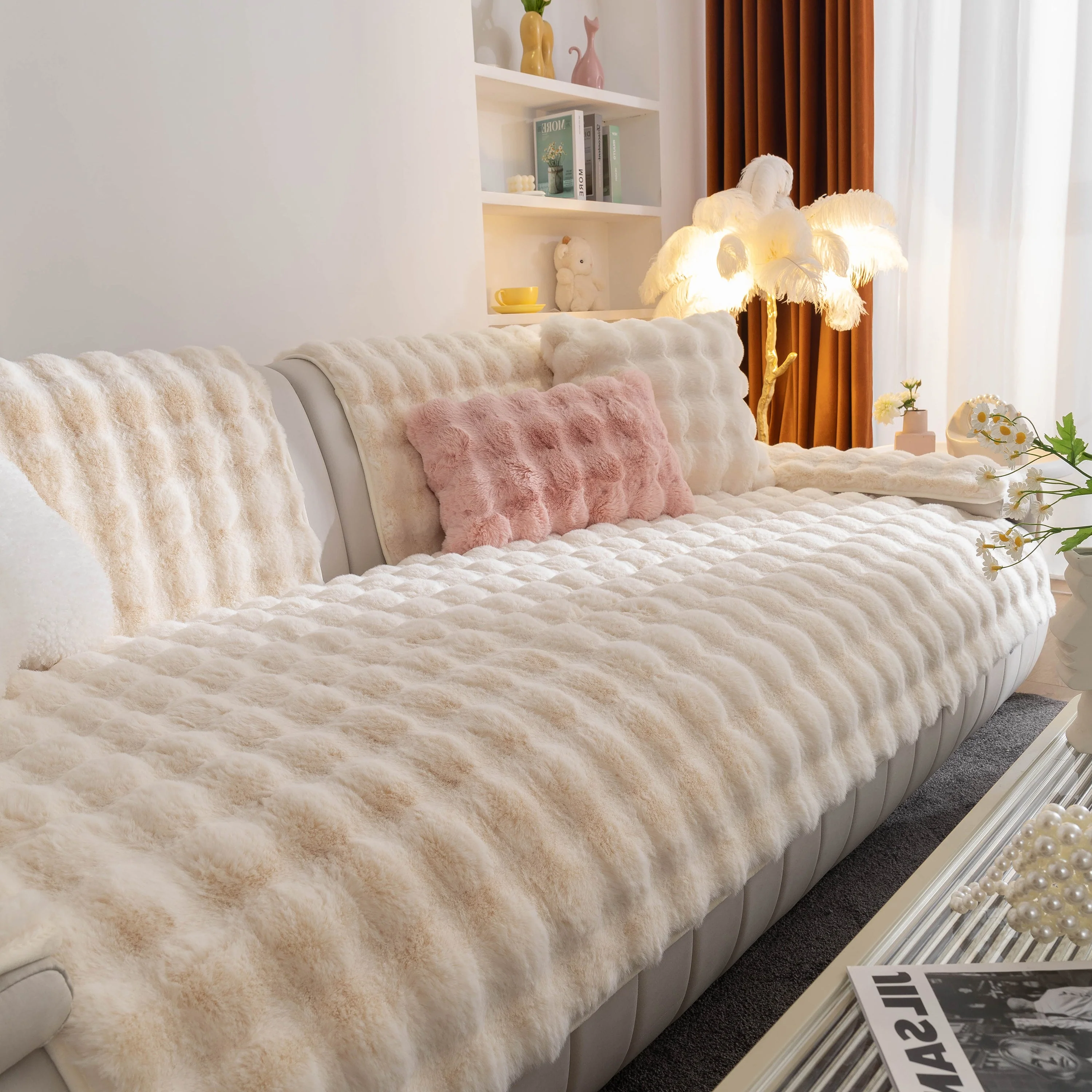Thick Sofa Cushion Solid Color Faux Fur Fluffy Sofa Cushion Non-Slip Couch Covers - Image 93