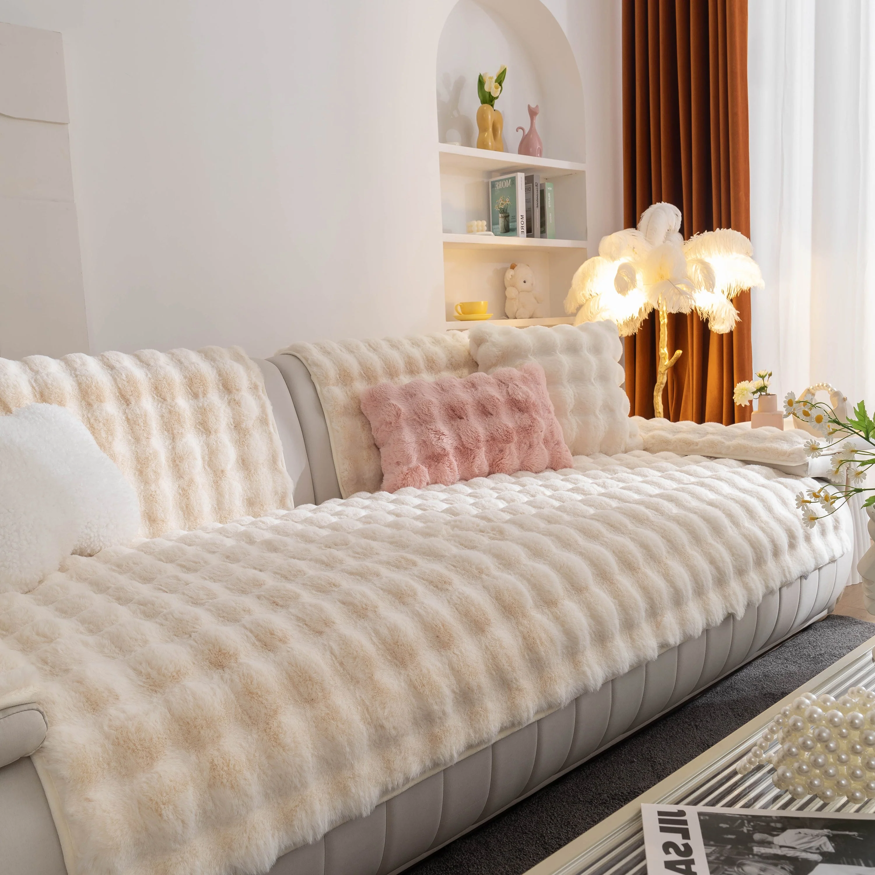 Thick Sofa Cushion Solid Color Faux Fur Fluffy Sofa Cushion Non-Slip Couch Covers - Image 94