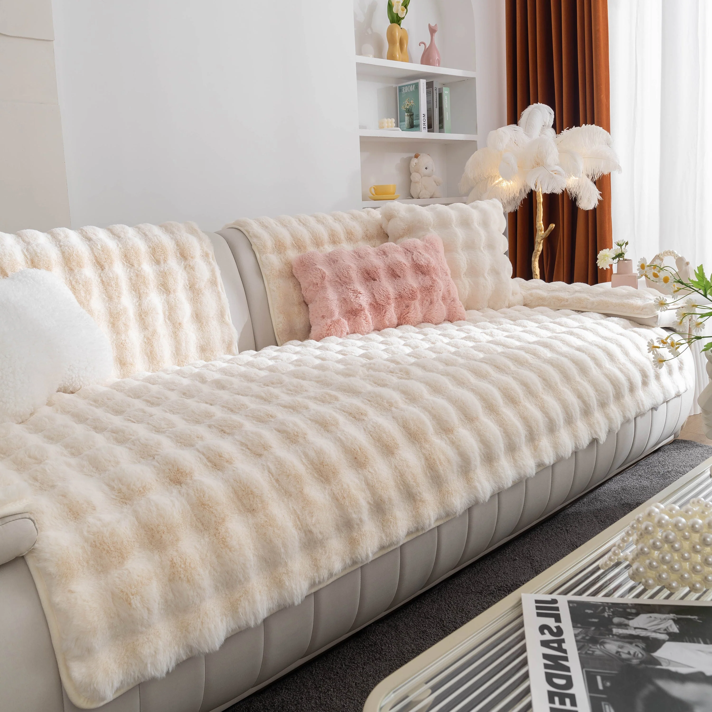 Thick Sofa Cushion Solid Color Faux Fur Fluffy Sofa Cushion Non-Slip Couch Covers - Image 95