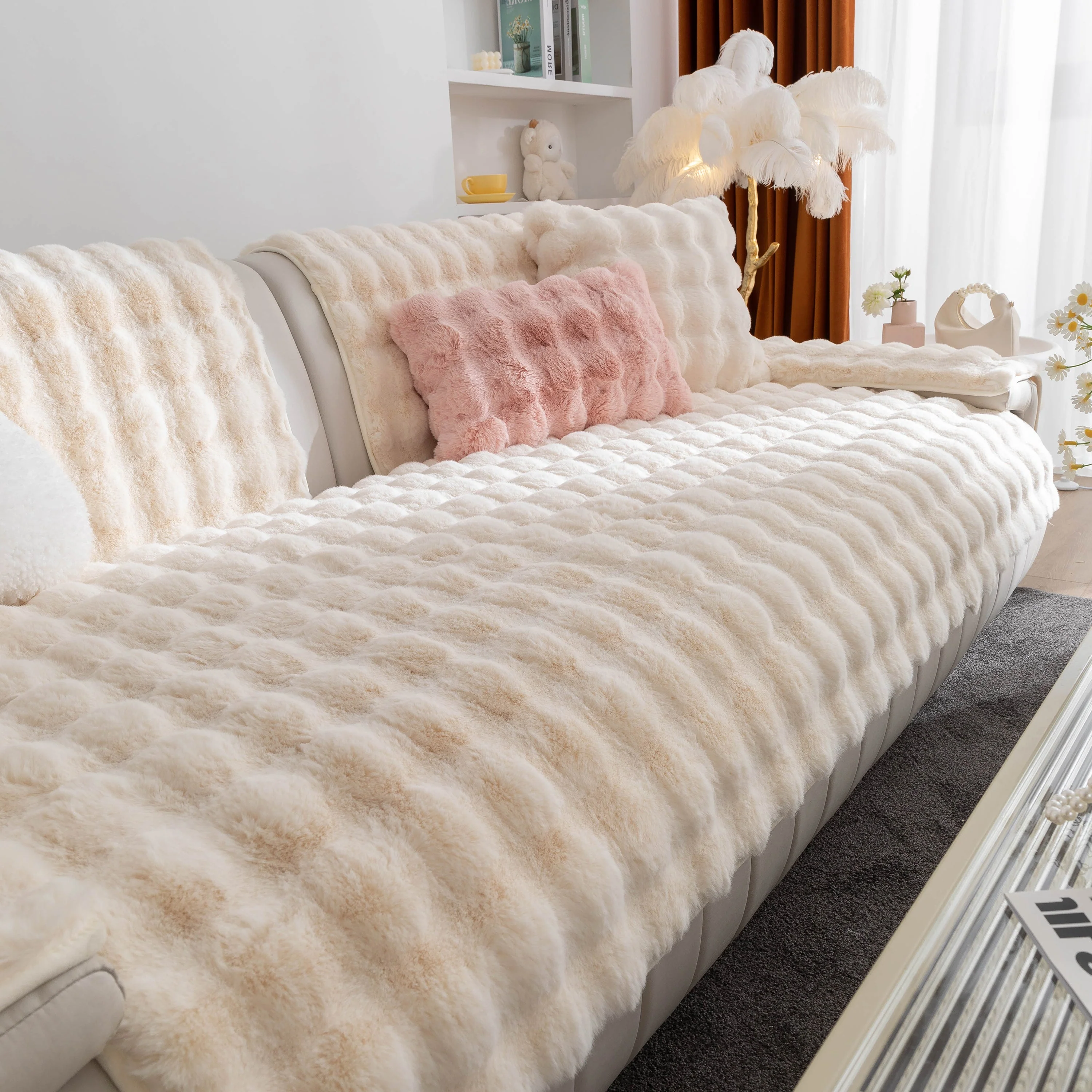 Thick Sofa Cushion Solid Color Faux Fur Fluffy Sofa Cushion Non-Slip Couch Covers - Image 97
