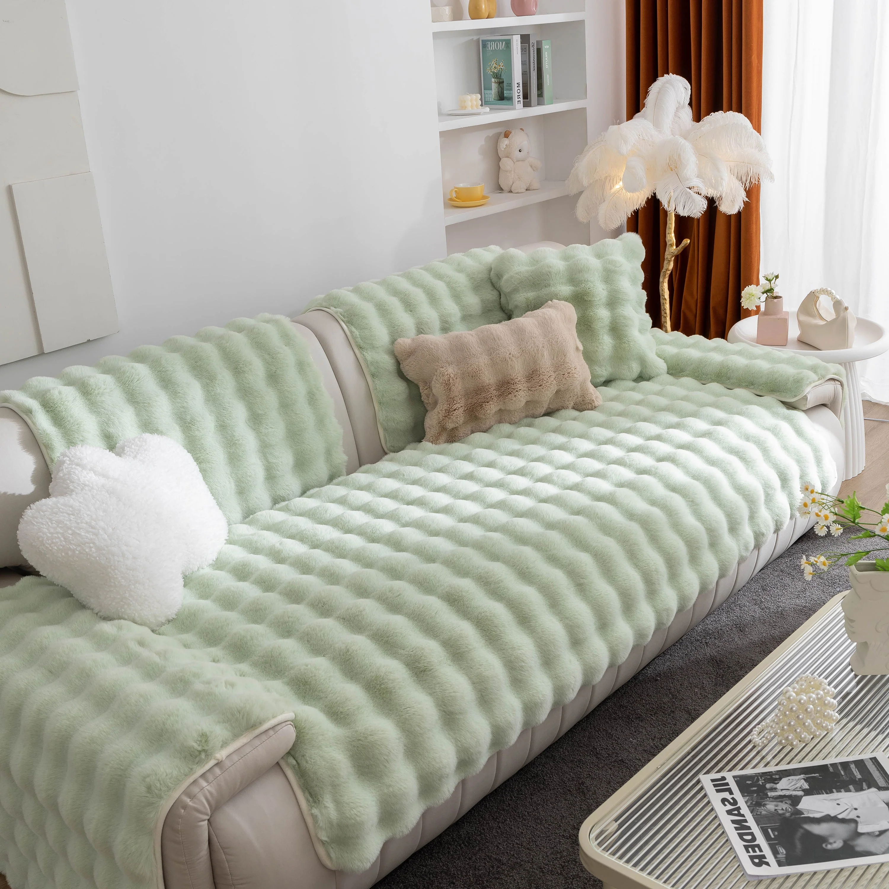 Thick Sofa Cushion Solid Color Faux Fur Fluffy Sofa Cushion Non-Slip Couch Covers - Image 98