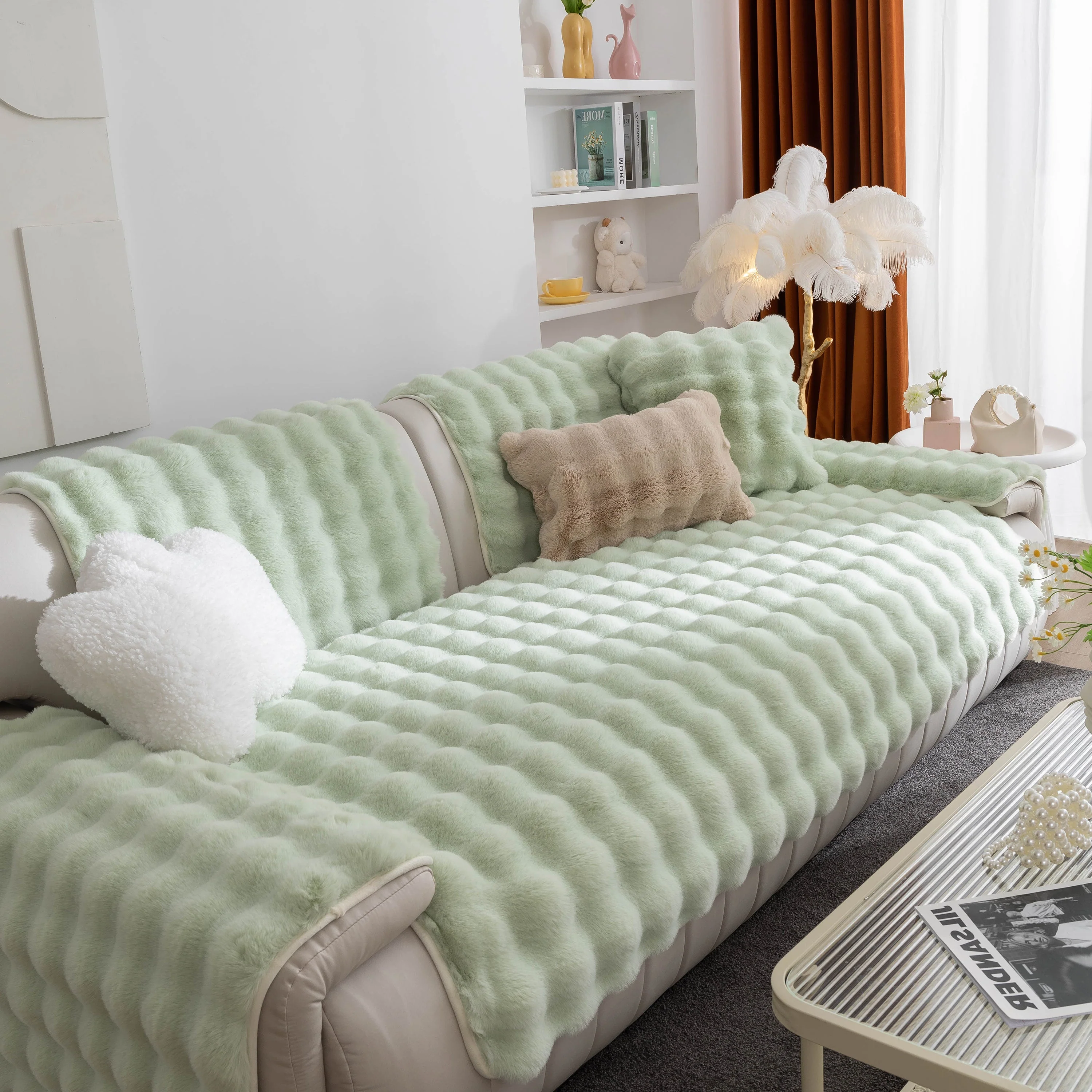 Thick Sofa Cushion Solid Color Faux Fur Fluffy Sofa Cushion Non-Slip Couch Covers - Image 99