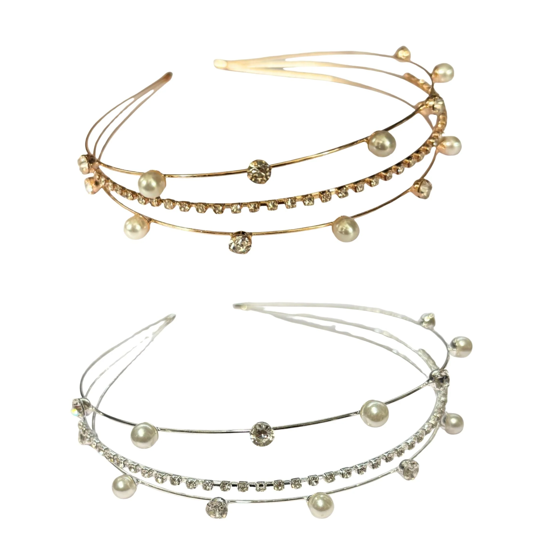 Three Strand Jeweled Headband Tiara | Party or Bridal Hair Accessory [Available in Gold or Silver] - Image 3
