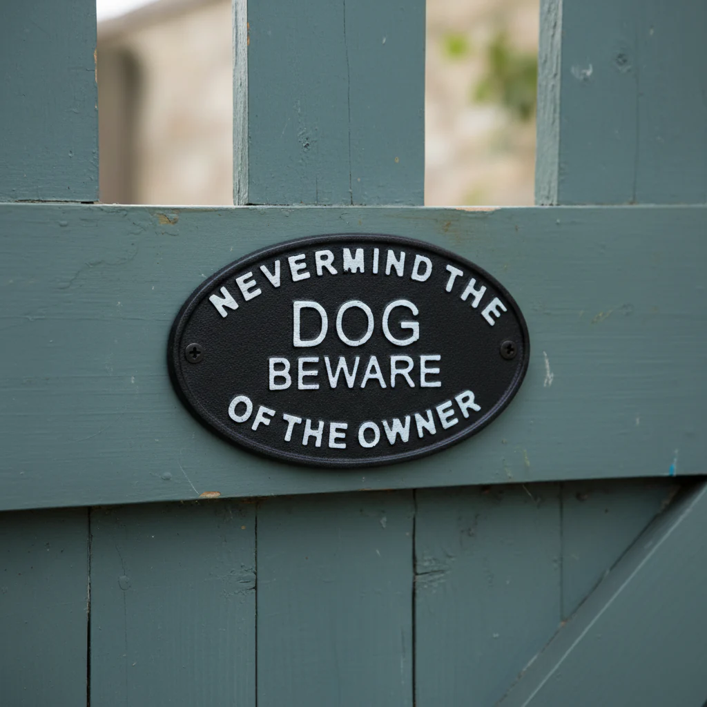 Tongue-in-Cheek Cast Iron Plaque: Nevermind Dog, Beware Of The Owner