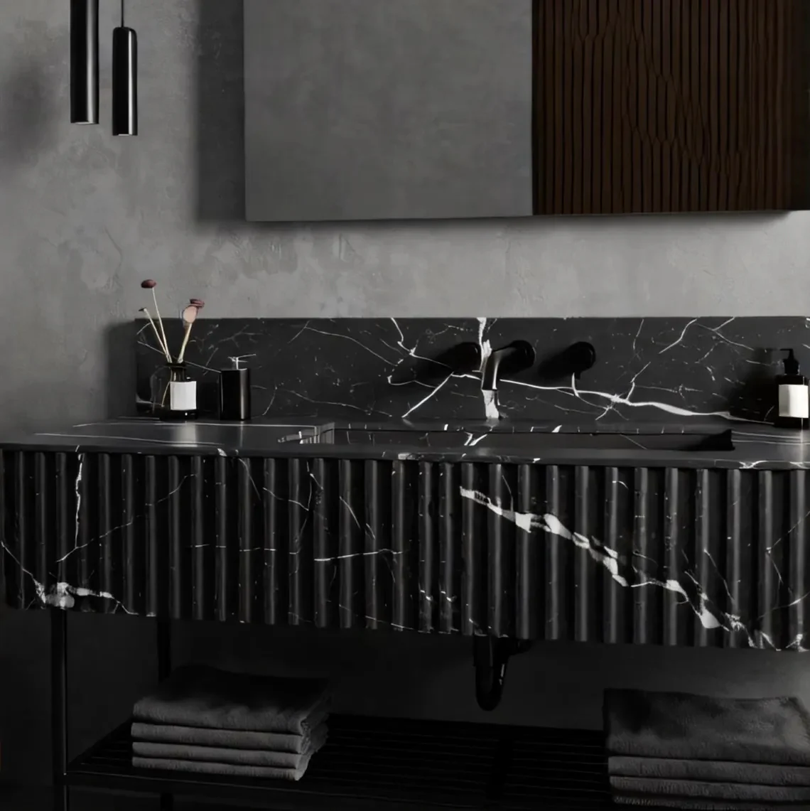 Toros Black Marble Wall-mount Bathroom Vanity Sink Fluted (W)16" (L)50" (H)10" - Image 2