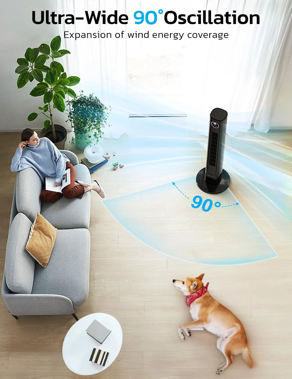 Tower Fan for Bedroom, 90° Oscillating Fan with 12H Timer, 37”Standing Fans with Remote, Bladeless Fan with 4 Modes & 3 Speeds - Image 12
