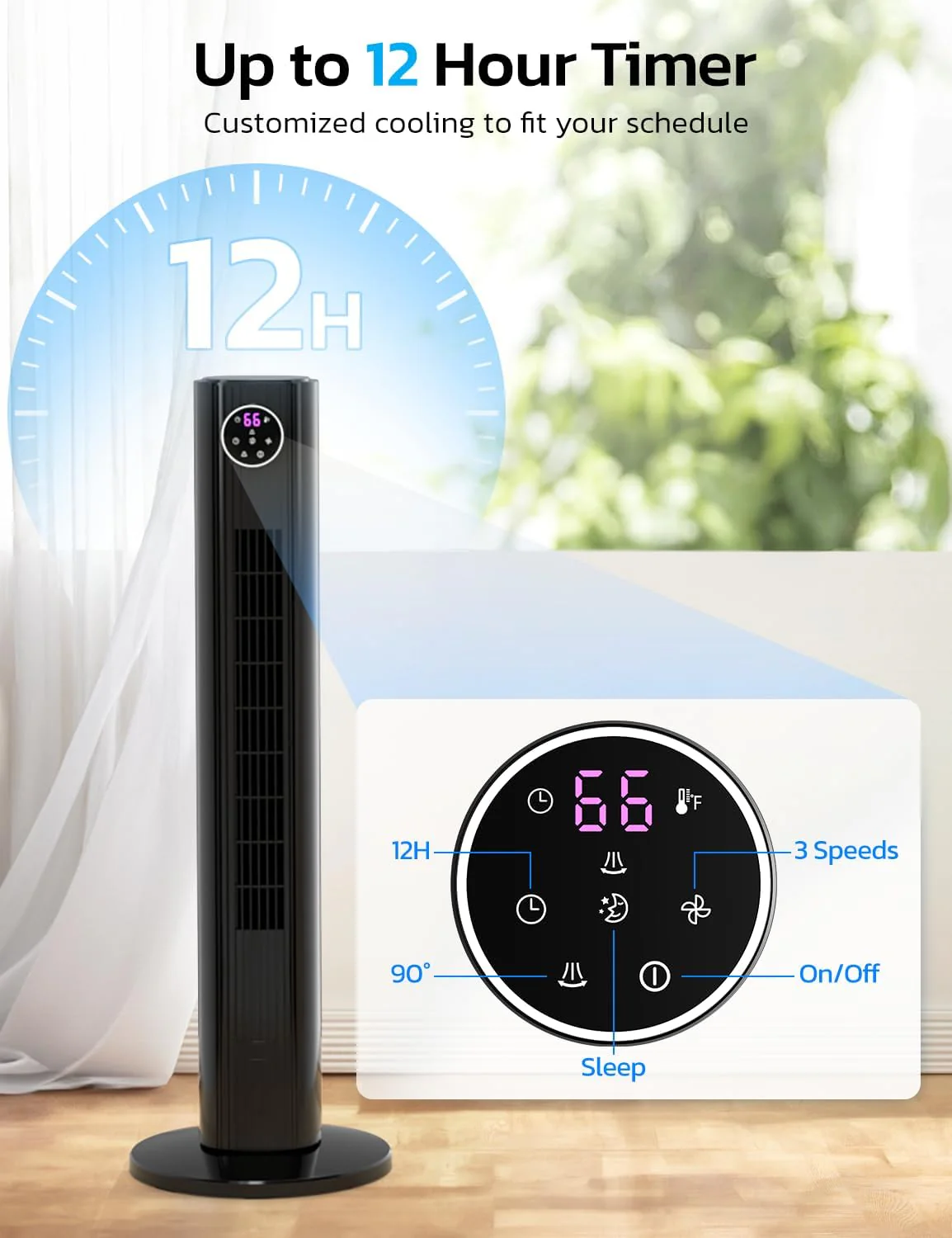 Tower Fan for Bedroom, 90° Oscillating Fan with 12H Timer, 37”Standing Fans with Remote, Bladeless Fan with 4 Modes & 3 Speeds - Image 14