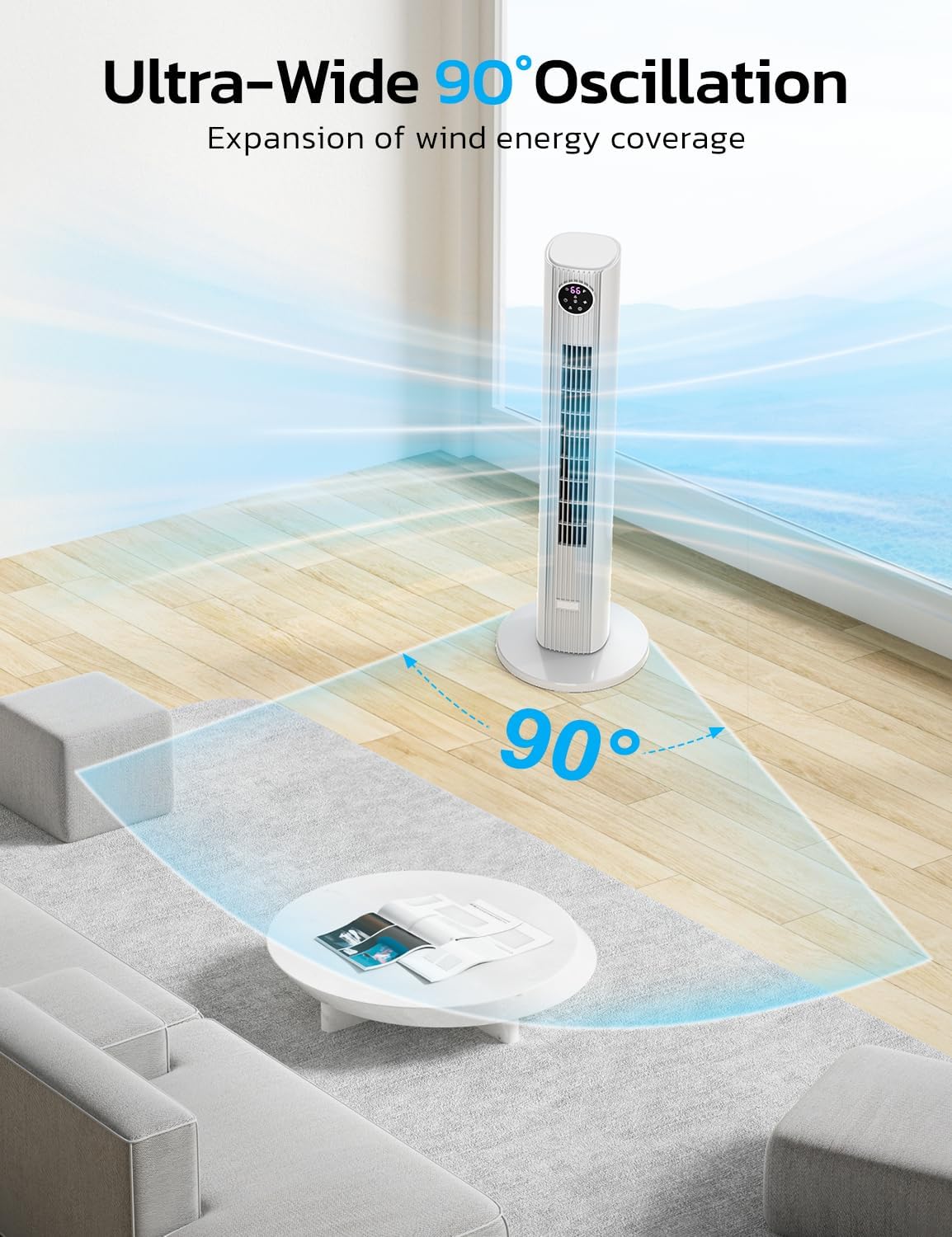 Tower Fan for Bedroom, 90° Oscillating Fan with 12H Timer, 37”Standing Fans with Remote, Bladeless Fan with 4 Modes & 3 Speeds - Image 19