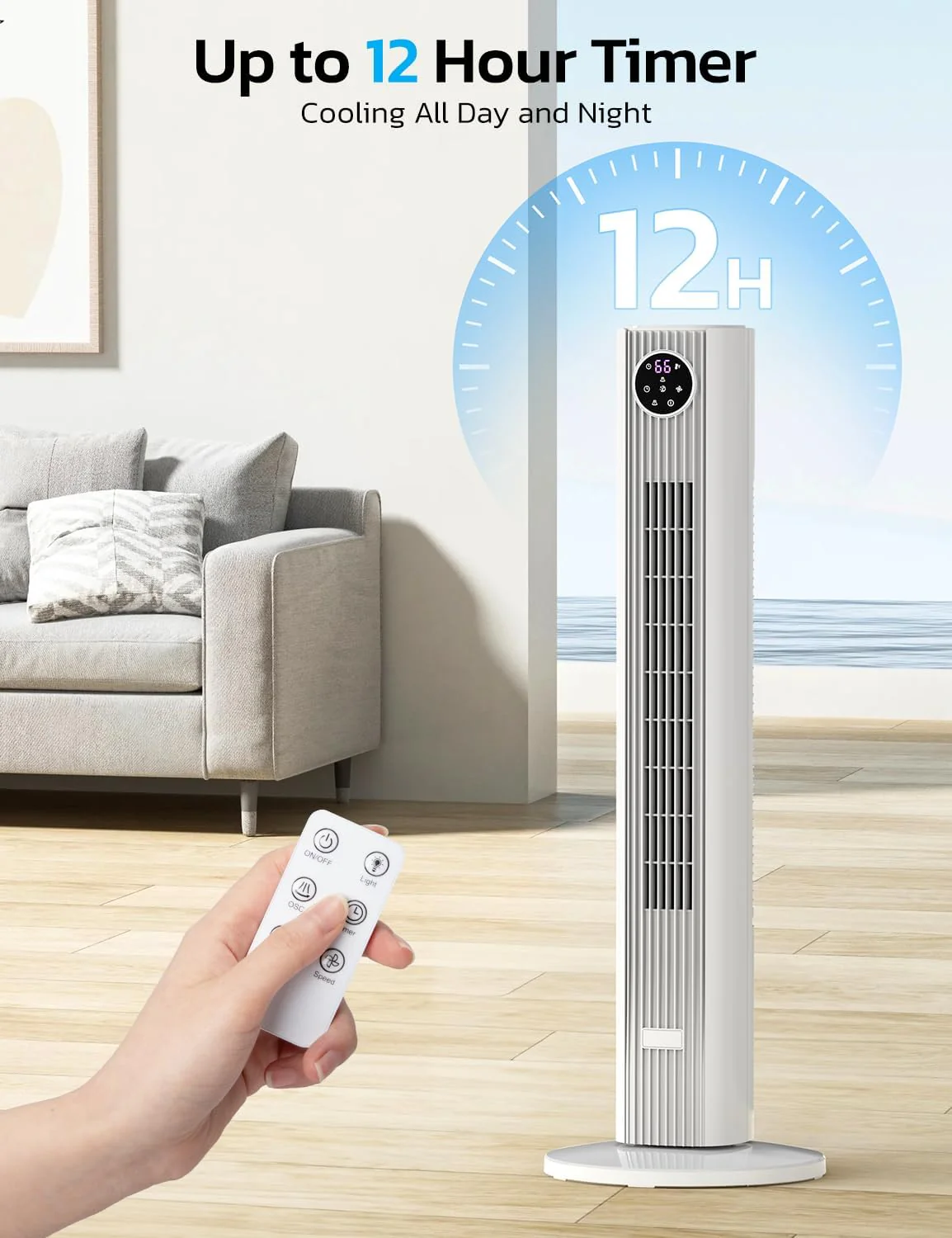 Tower Fan for Bedroom, 90° Oscillating Fan with 12H Timer, 37”Standing Fans with Remote, Bladeless Fan with 4 Modes & 3 Speeds - Image 21