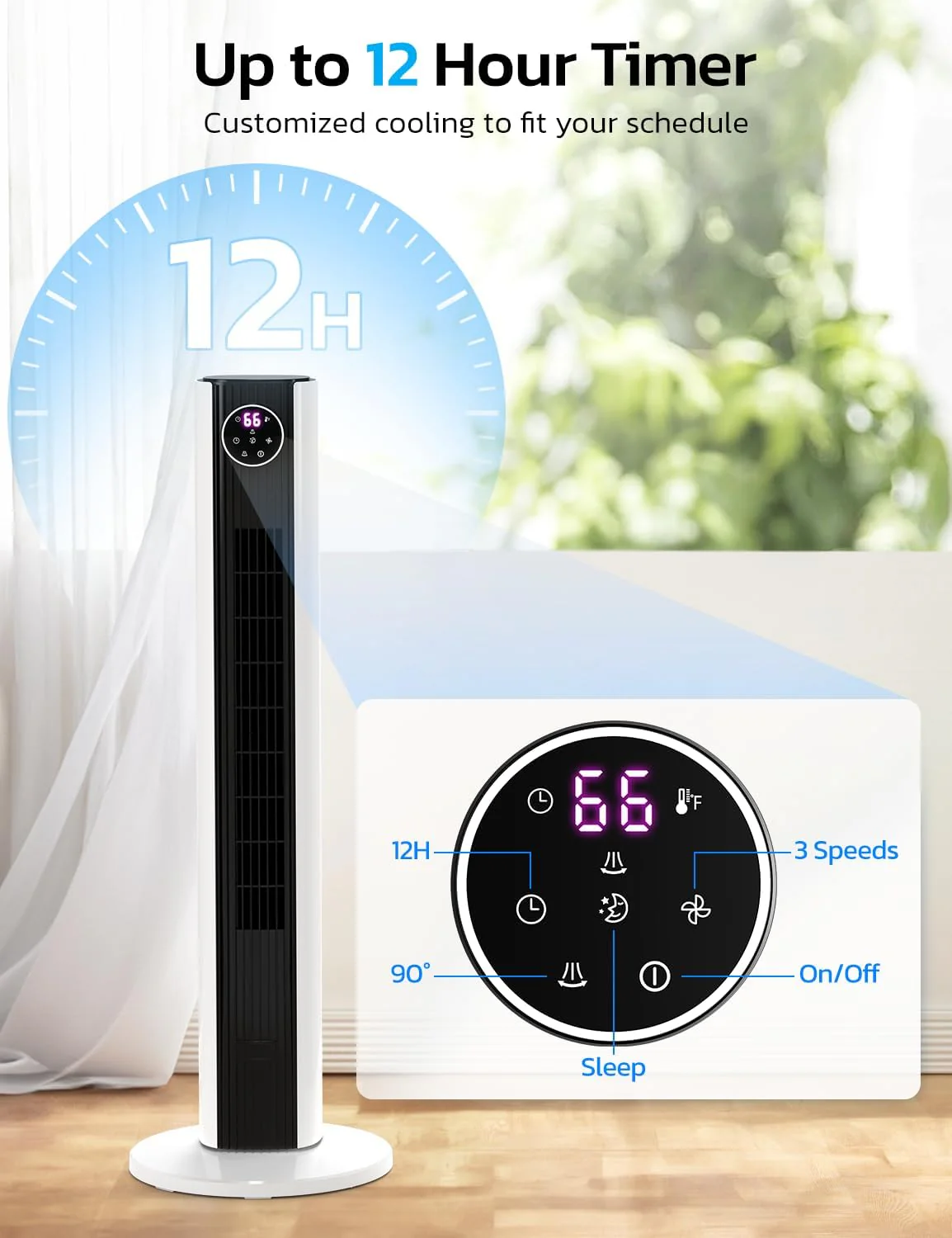 Tower Fan for Bedroom, 90° Oscillating Fan with 12H Timer, 37”Standing Fans with Remote, Bladeless Fan with 4 Modes & 3 Speeds - Image 28