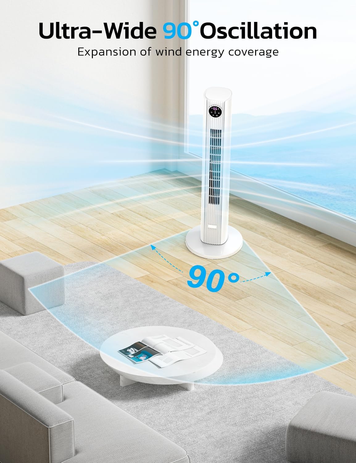 Tower Fan for Bedroom, 90° Oscillating Fan with 12H Timer, 37”Standing Fans with Remote, Bladeless Fan with 4 Modes & 3 Speeds - Image 5