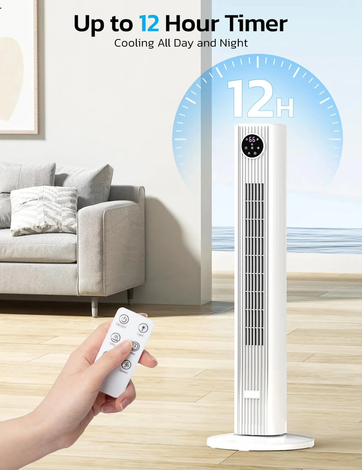 Tower Fan for Bedroom, 90° Oscillating Fan with 12H Timer, 37”Standing Fans with Remote, Bladeless Fan with 4 Modes & 3 Speeds - Image 7