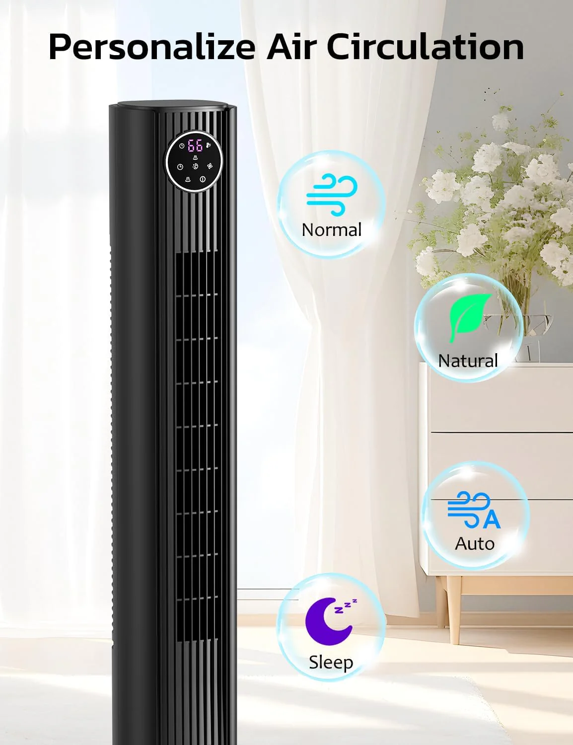 Tower Fan for Bedroom, 90° Oscillating Fan with 12H Timer, 37”Standing Fans with Remote, Bladeless Fan with 4 Modes & 3 Speeds - Image 9