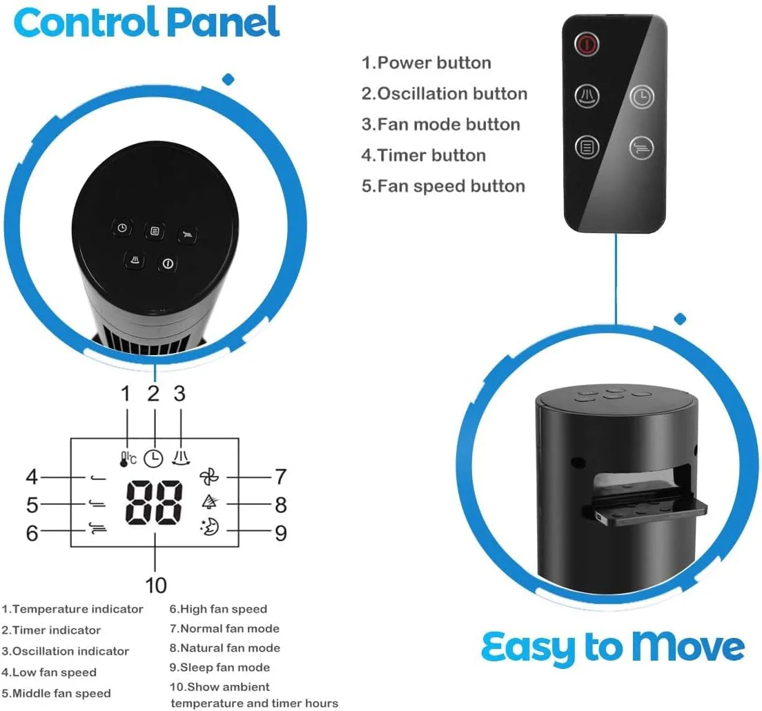 Tower Fan Portable Electric Oscillating Fan Quiet Cooling Remote Control Standing Bladeless Floor Fans 3 Speeds Wind Modes Timer - Image 16
