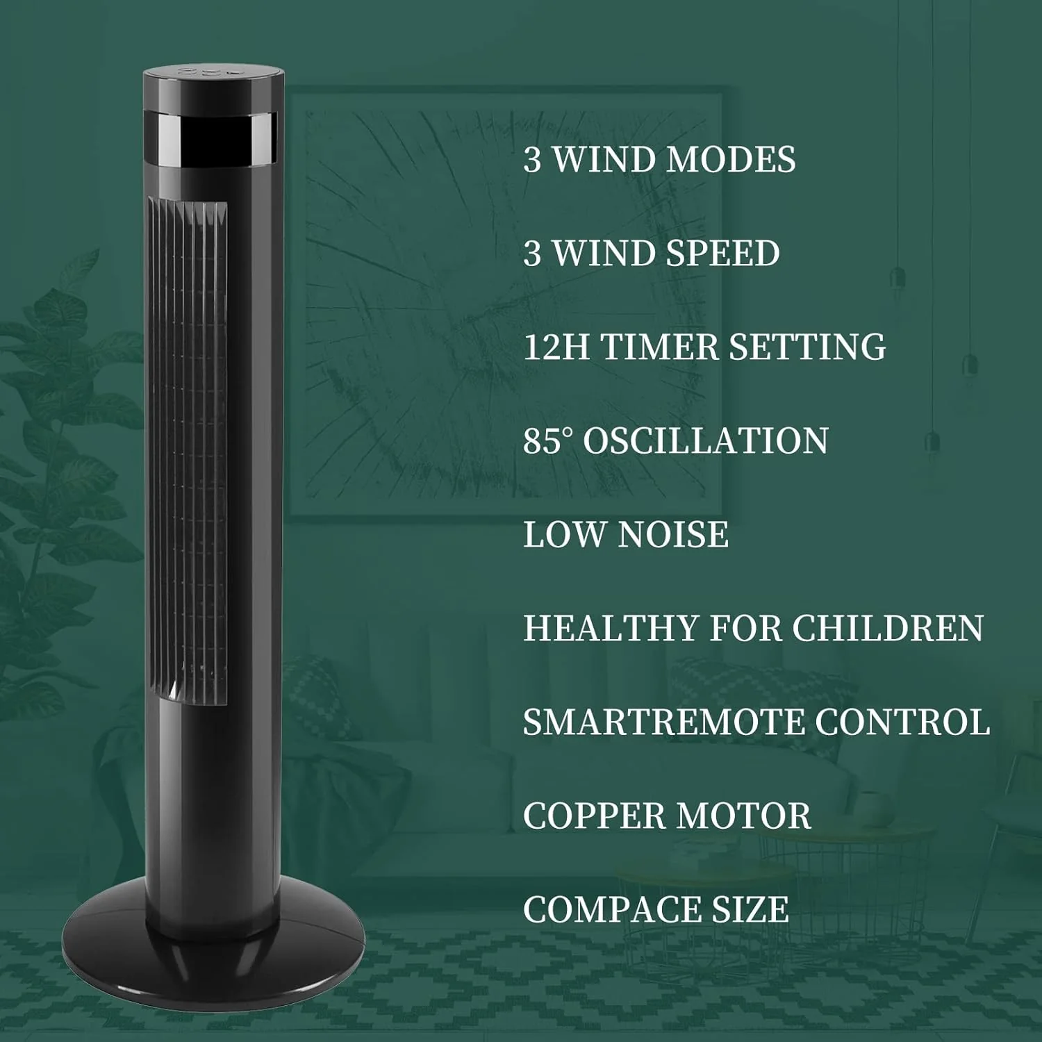 Tower Fan Portable Electric Oscillating Fan Quiet Cooling Remote Control Standing Bladeless Floor Fans 3 Speeds Wind Modes Timer - Image 17