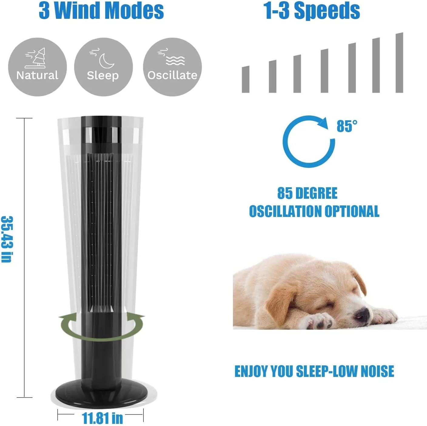 Tower Fan Portable Electric Oscillating Fan Quiet Cooling Remote Control Standing Bladeless Floor Fans 3 Speeds Wind Modes Timer - Image 18