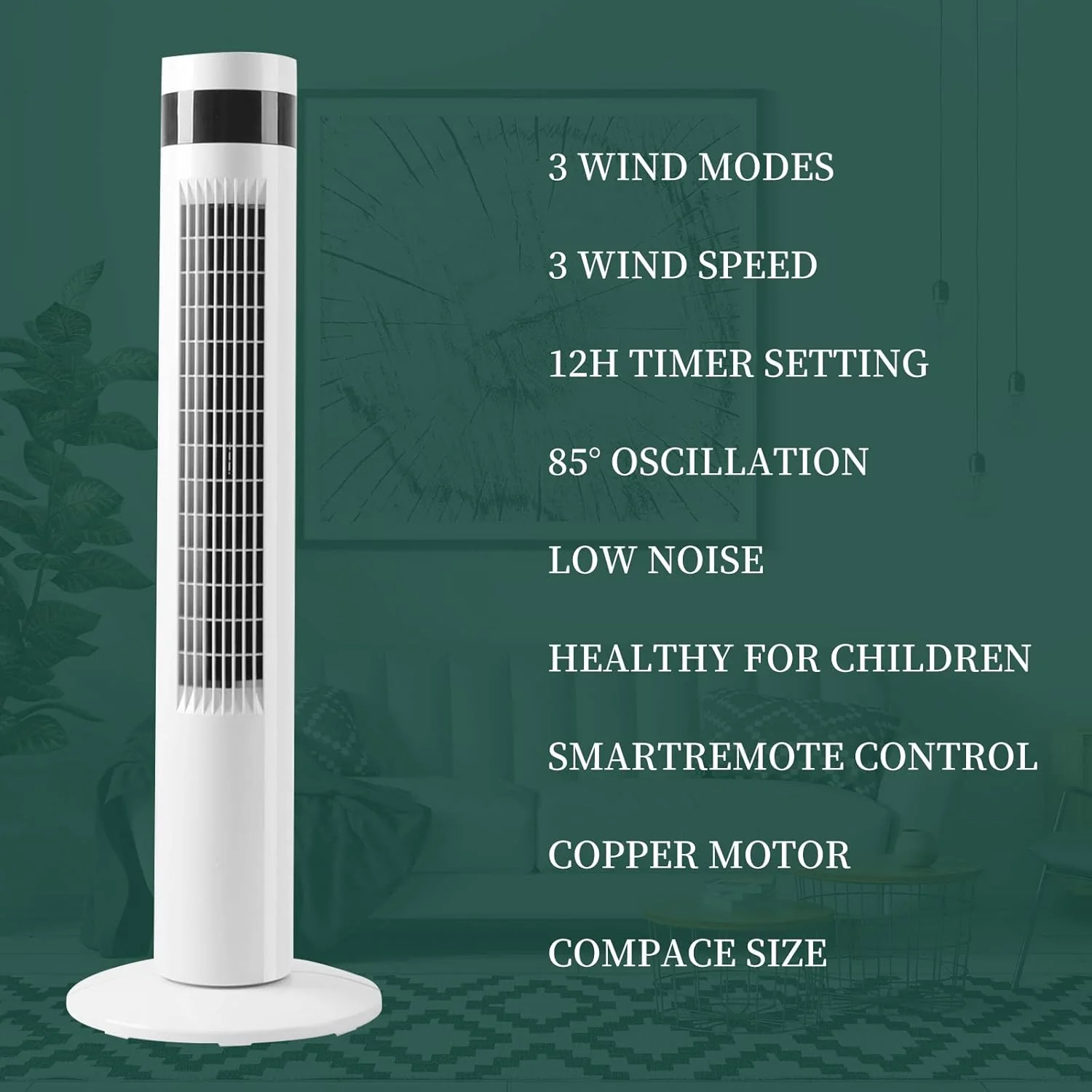 Tower Fan Portable Electric Oscillating Fan Quiet Cooling Remote Control Standing Bladeless Floor Fans 3 Speeds Wind Modes Timer - Image 4
