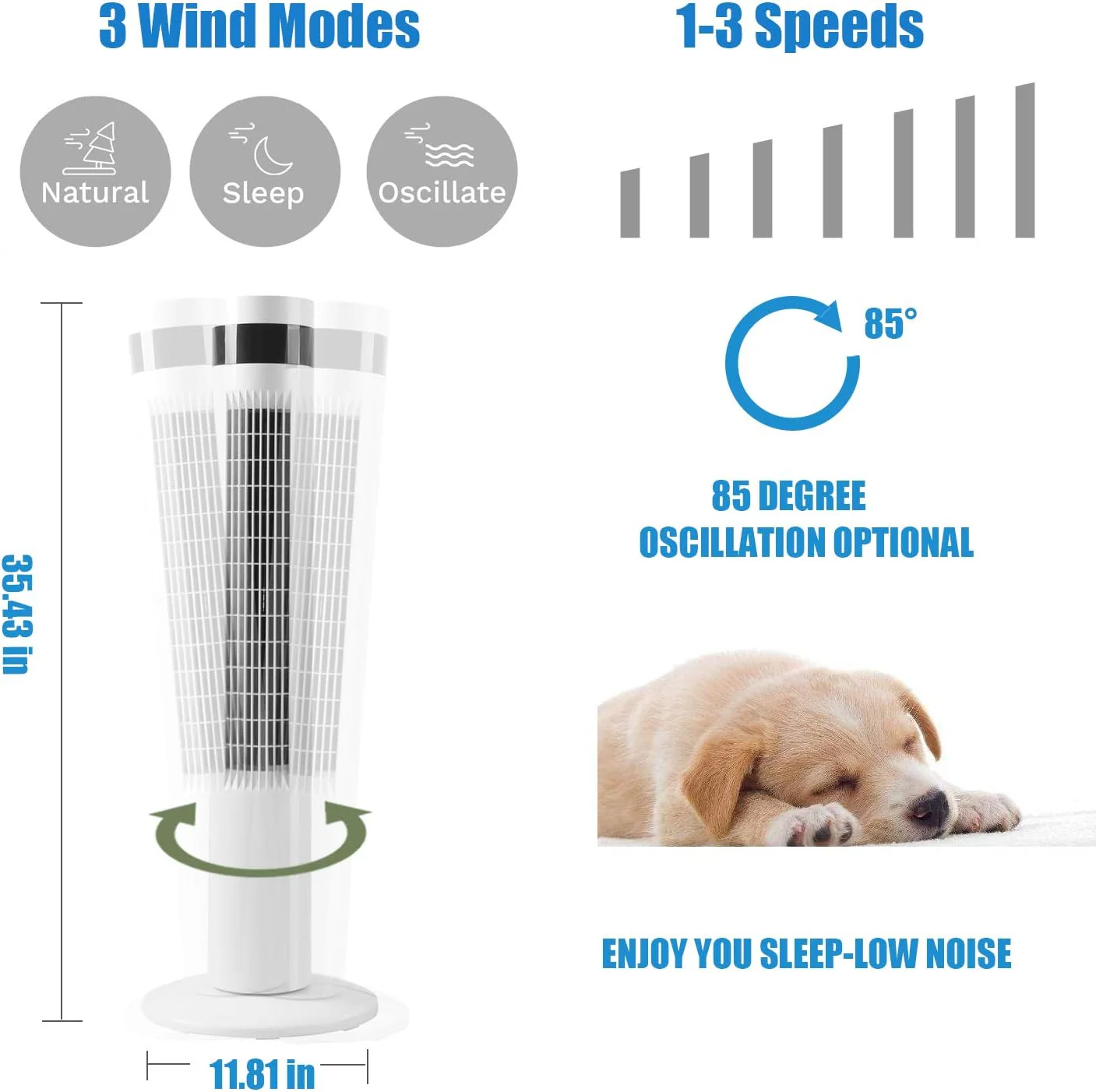 Tower Fan Portable Electric Oscillating Fan Quiet Cooling Remote Control Standing Bladeless Floor Fans 3 Speeds Wind Modes Timer - Image 5