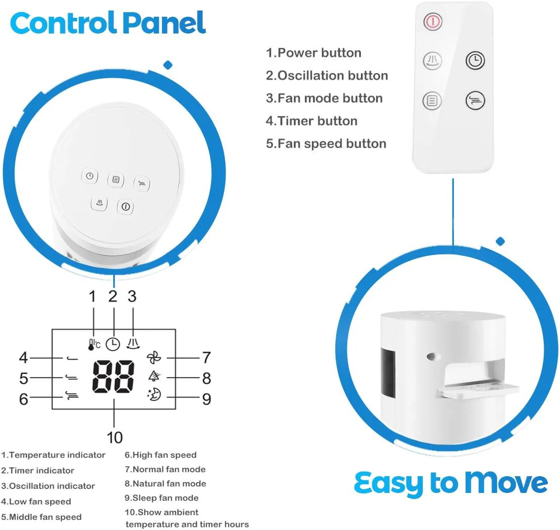 Tower Fan Portable Electric Oscillating Fan Quiet Cooling Remote Control Standing Bladeless Floor Fans 3 Speeds Wind Modes Timer - Image 6
