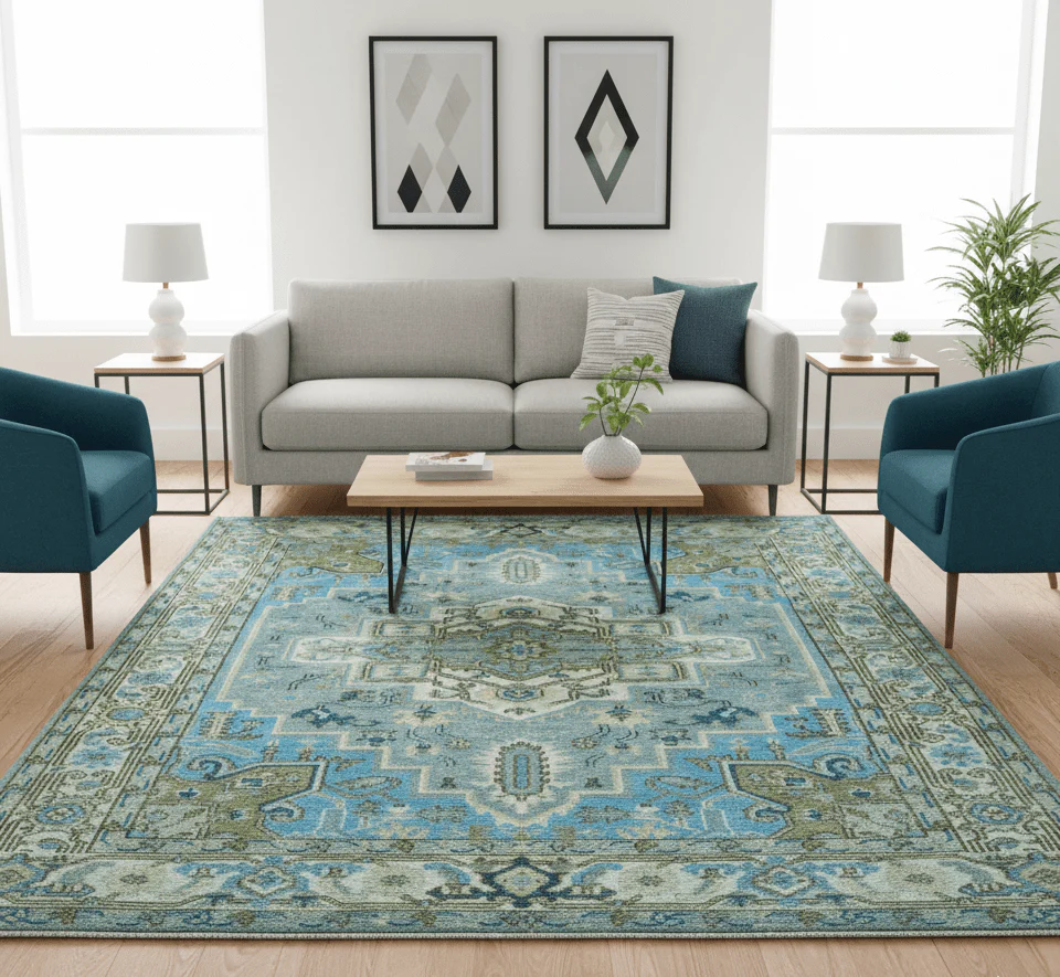 Traditional Blue And Gray Oushak Hand knotted Wool Area Rug - Image 2