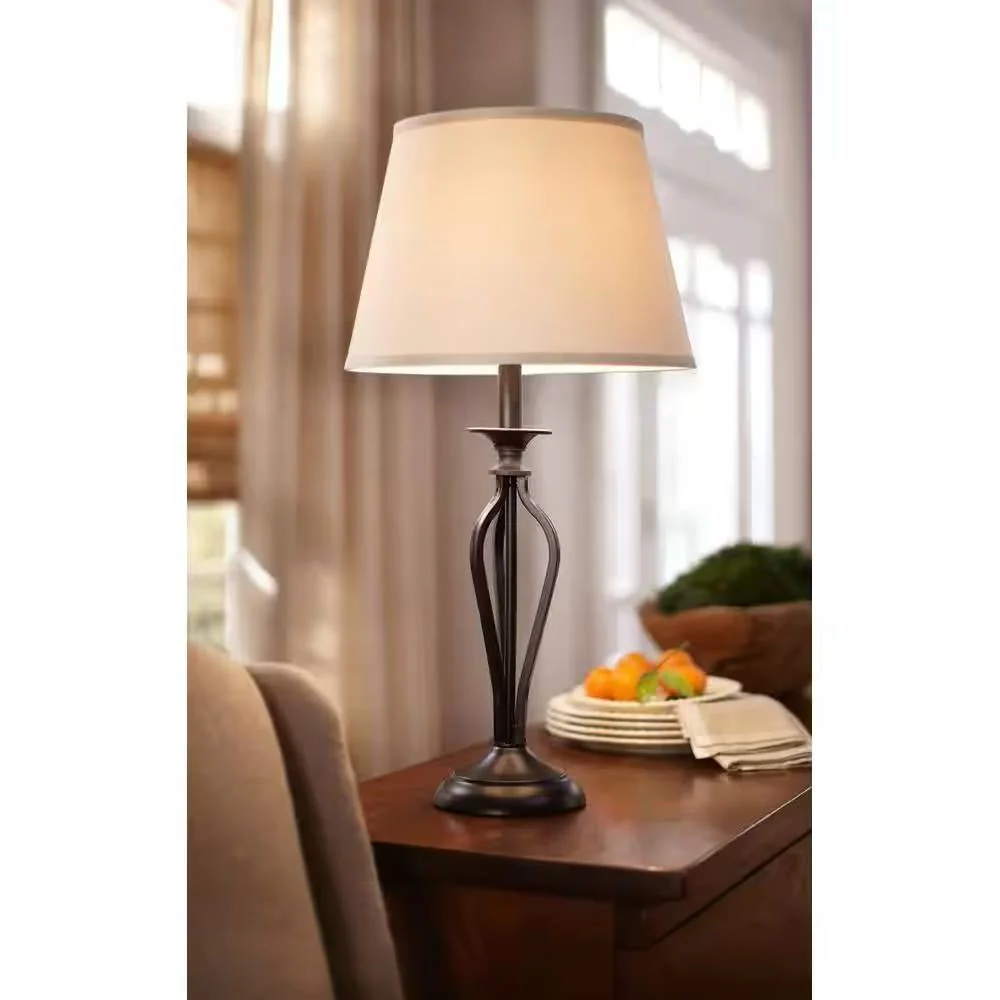 Traditional Bronze Metal Finish Table Lamp with Beige Linen Shade - Image 2