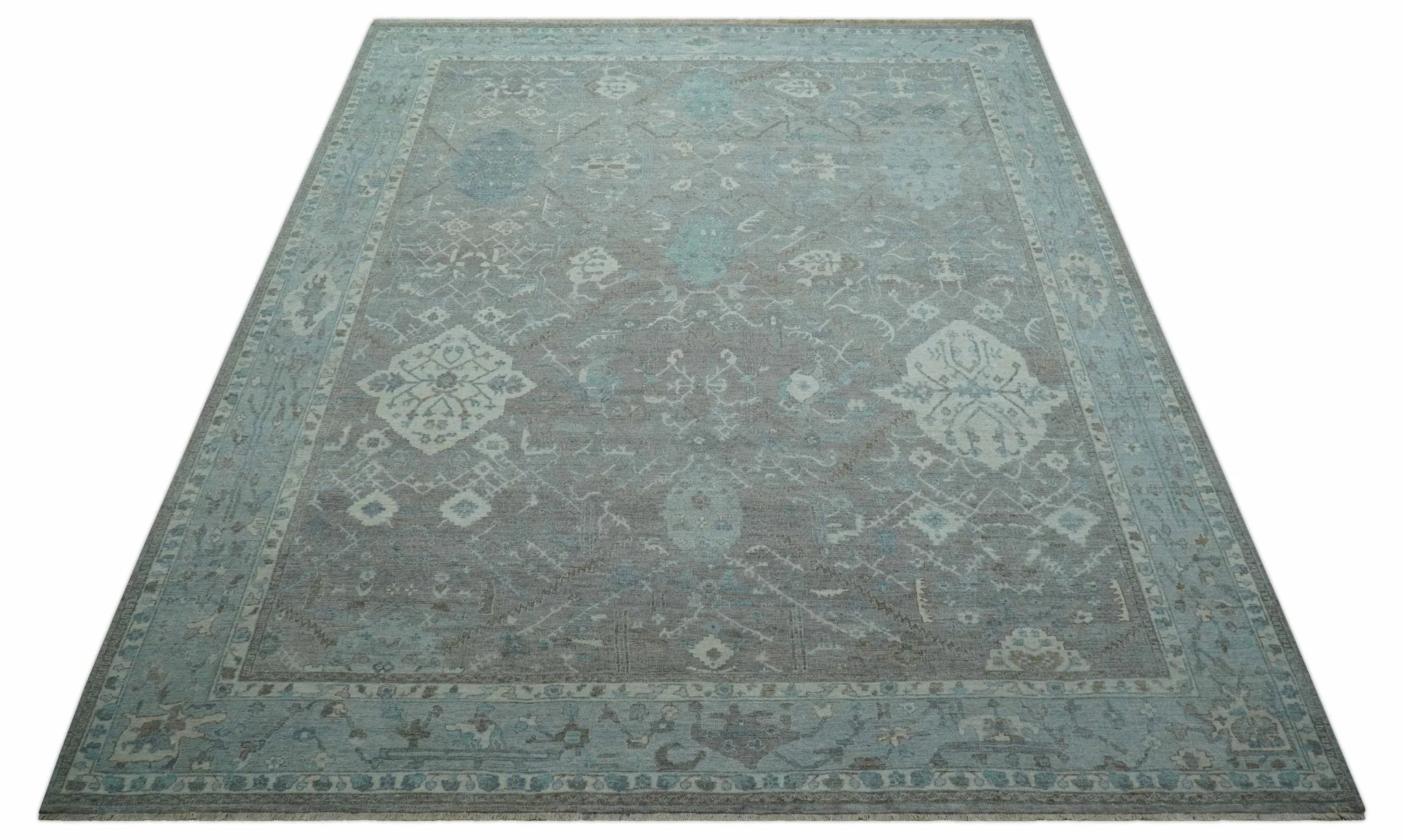 Traditional Design Gray And Beige Large 12x15 Hand Knotted Wool Rug - Image 3