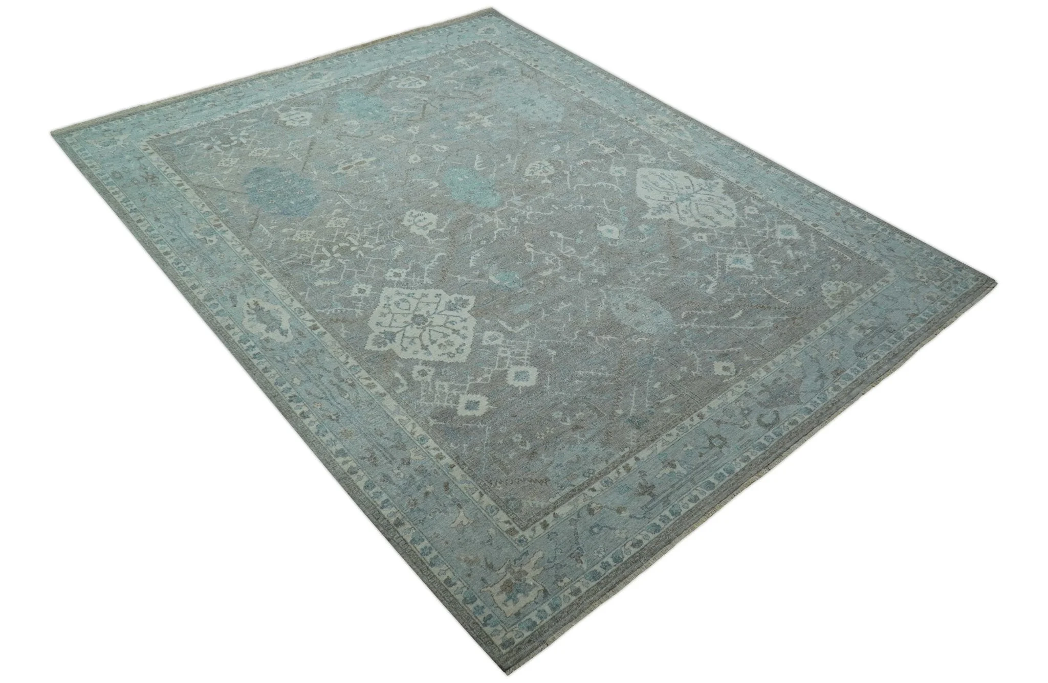 Traditional Design Gray And Beige Large 12x15 Hand Knotted Wool Rug - Image 4